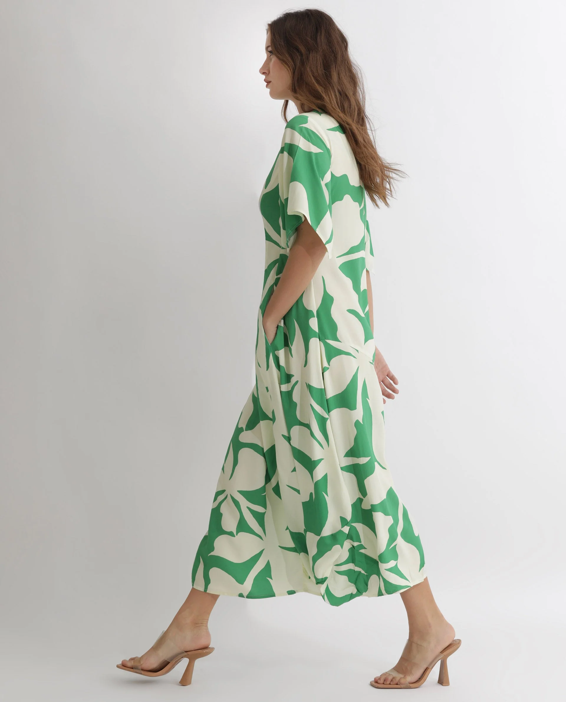 Rareism Women's Slager Green Viscose Key Hole Neck Floral Print Bell Sleeve Maxi Regular Fit Dress - Image 6