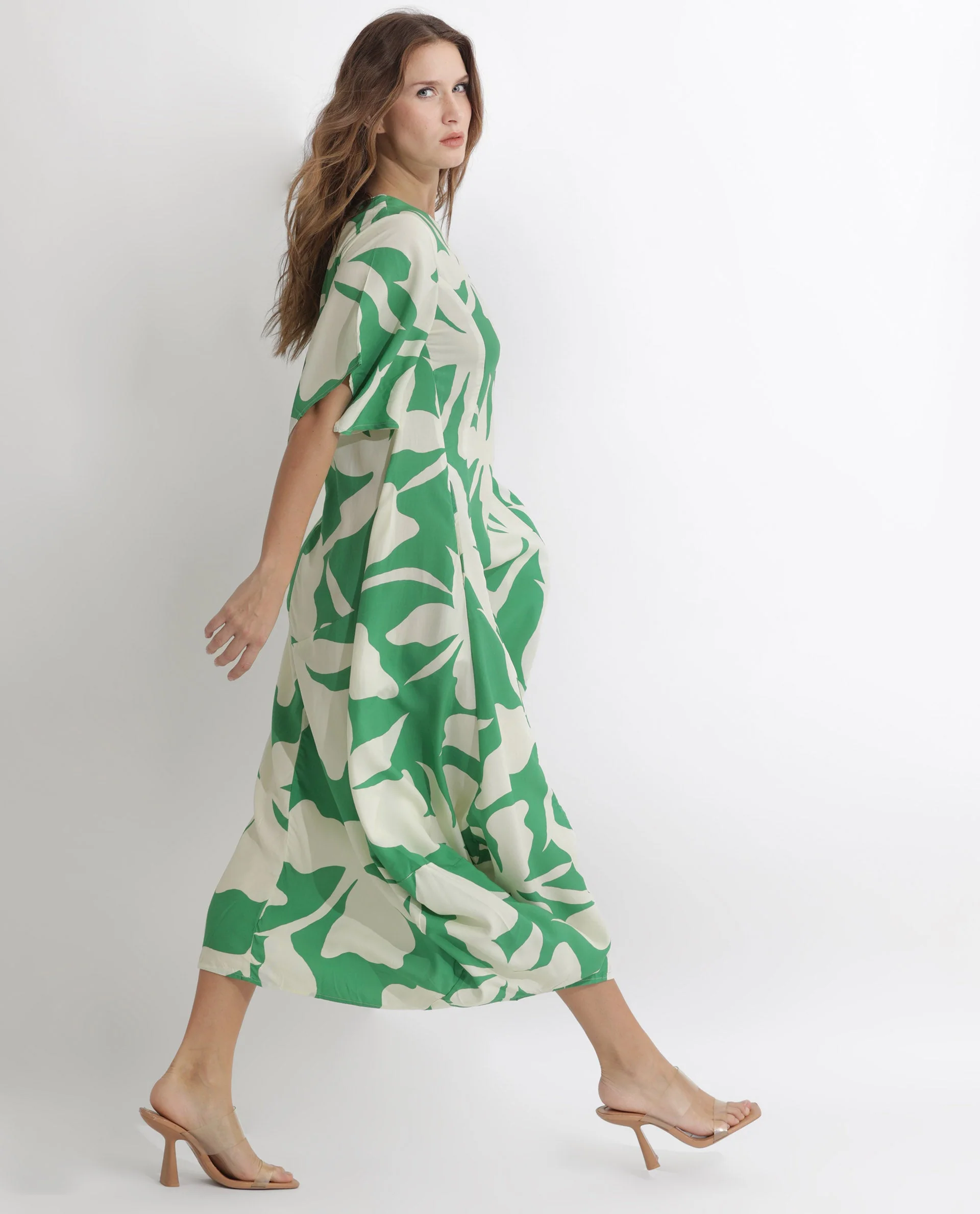 Rareism Women's Slager Green Viscose Key Hole Neck Floral Print Bell Sleeve Maxi Regular Fit Dress - Image 7
