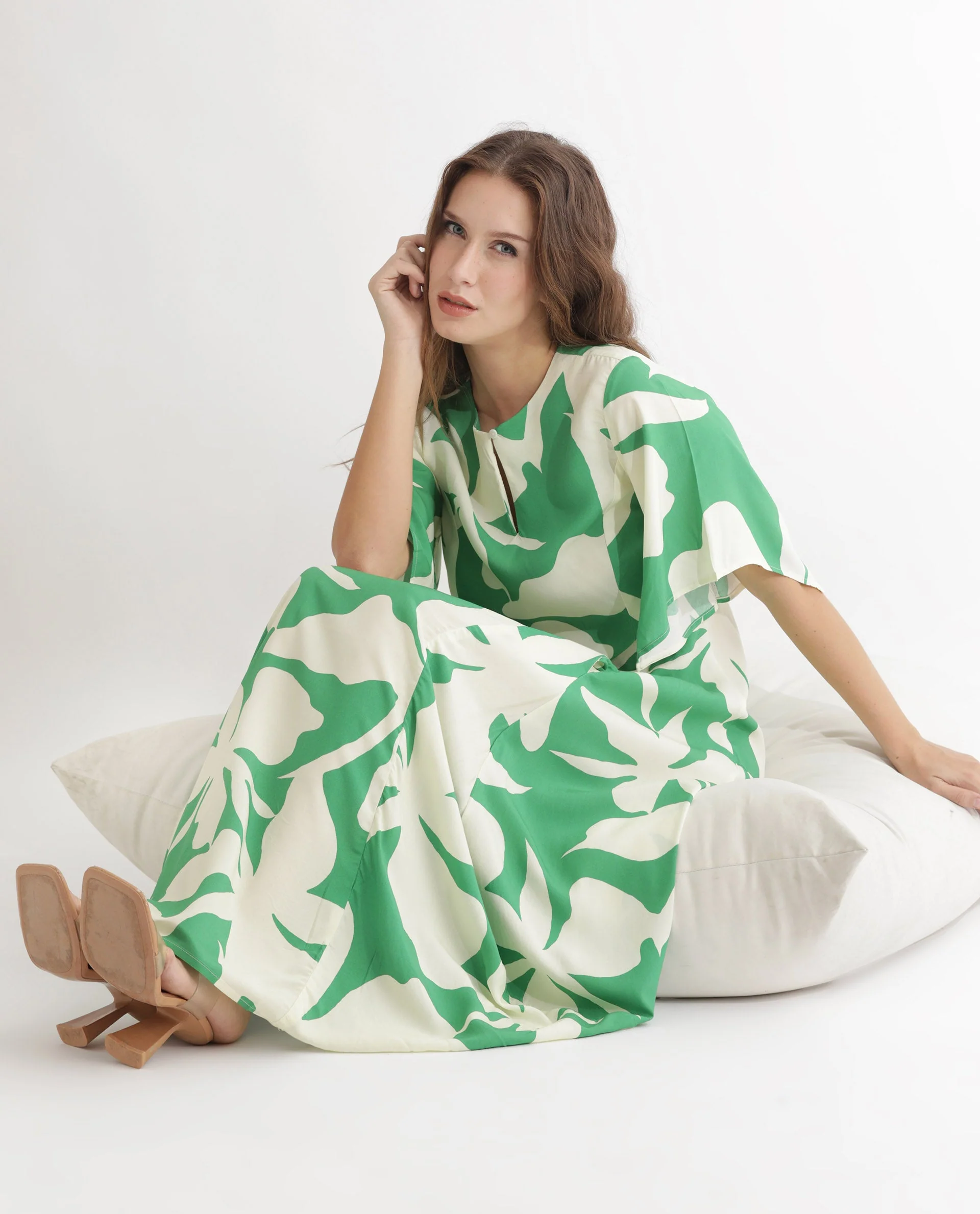 Rareism Women's Slager Green Viscose Key Hole Neck Floral Print Bell Sleeve Maxi Regular Fit Dress - Image 8