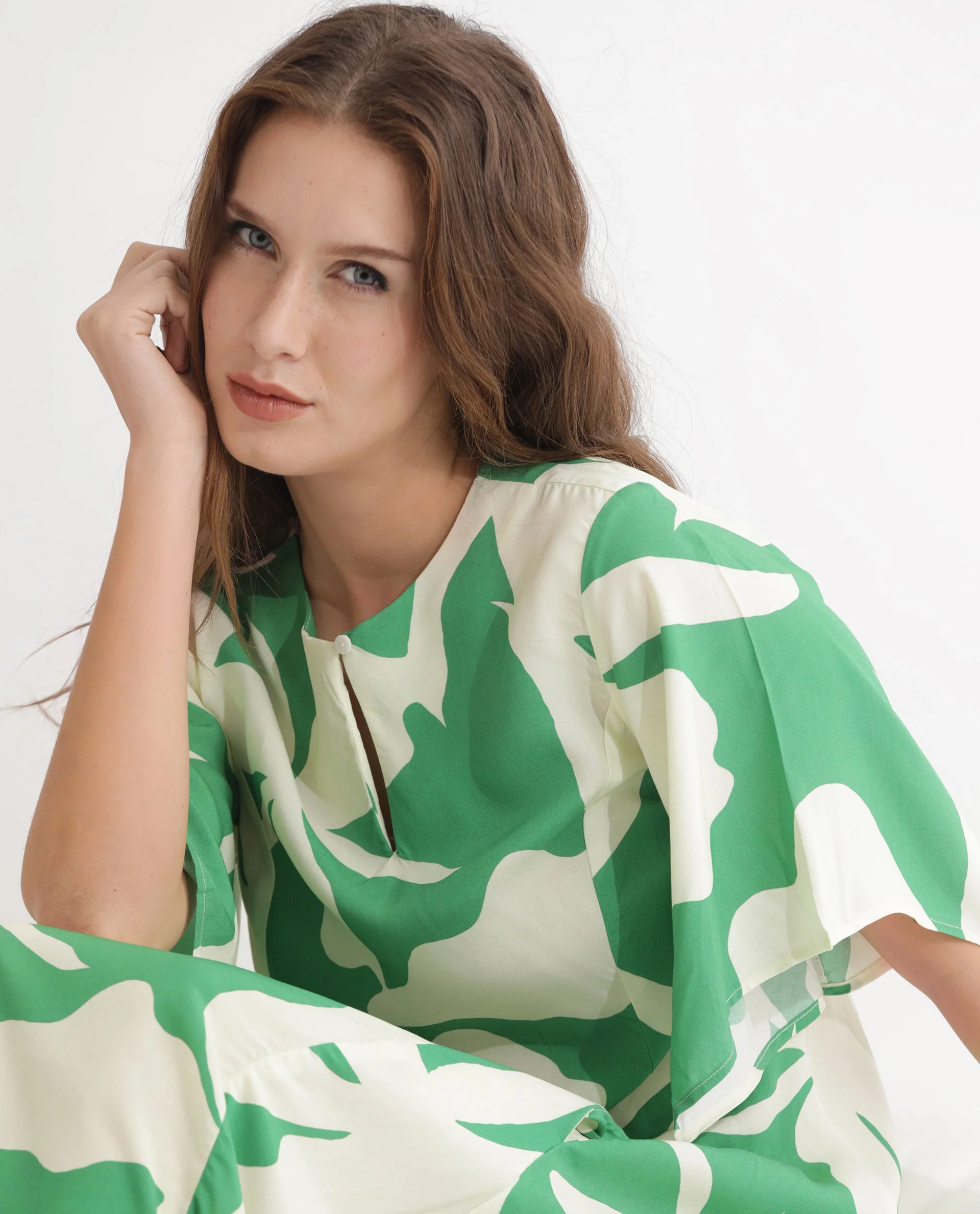 Rareism Women's Slager Green Viscose Key Hole Neck Floral Print Bell Sleeve Maxi Regular Fit Dress - Image 9