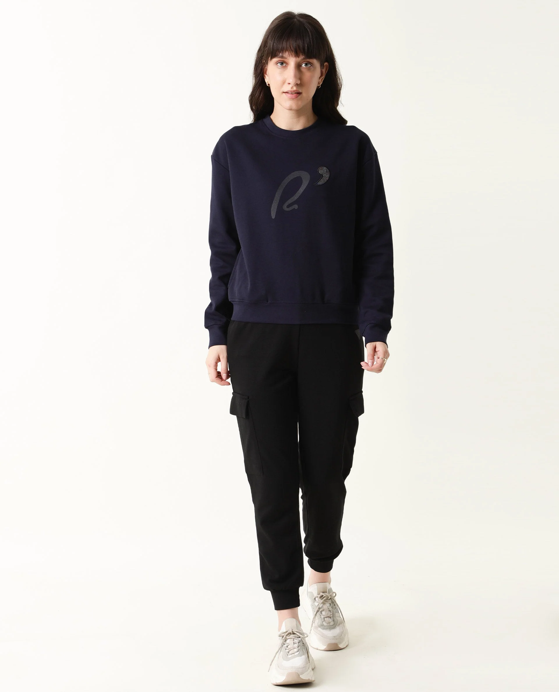 Rareism Women's Slashy Navy Crew Neck Plain Relaxed Fit Sweatshirt - Image 2