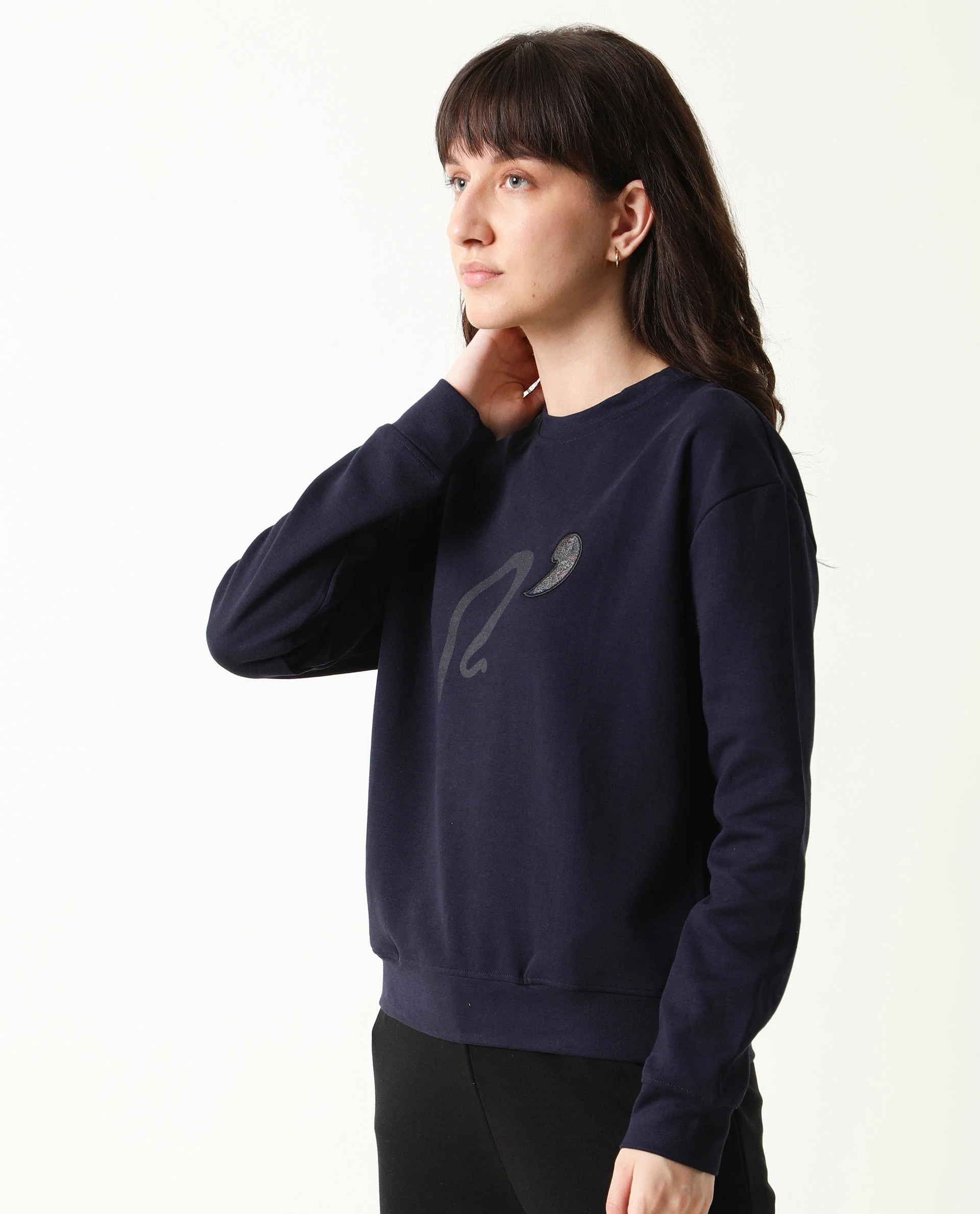 Rareism Women's Slashy Navy Crew Neck Plain Relaxed Fit Sweatshirt - Image 4