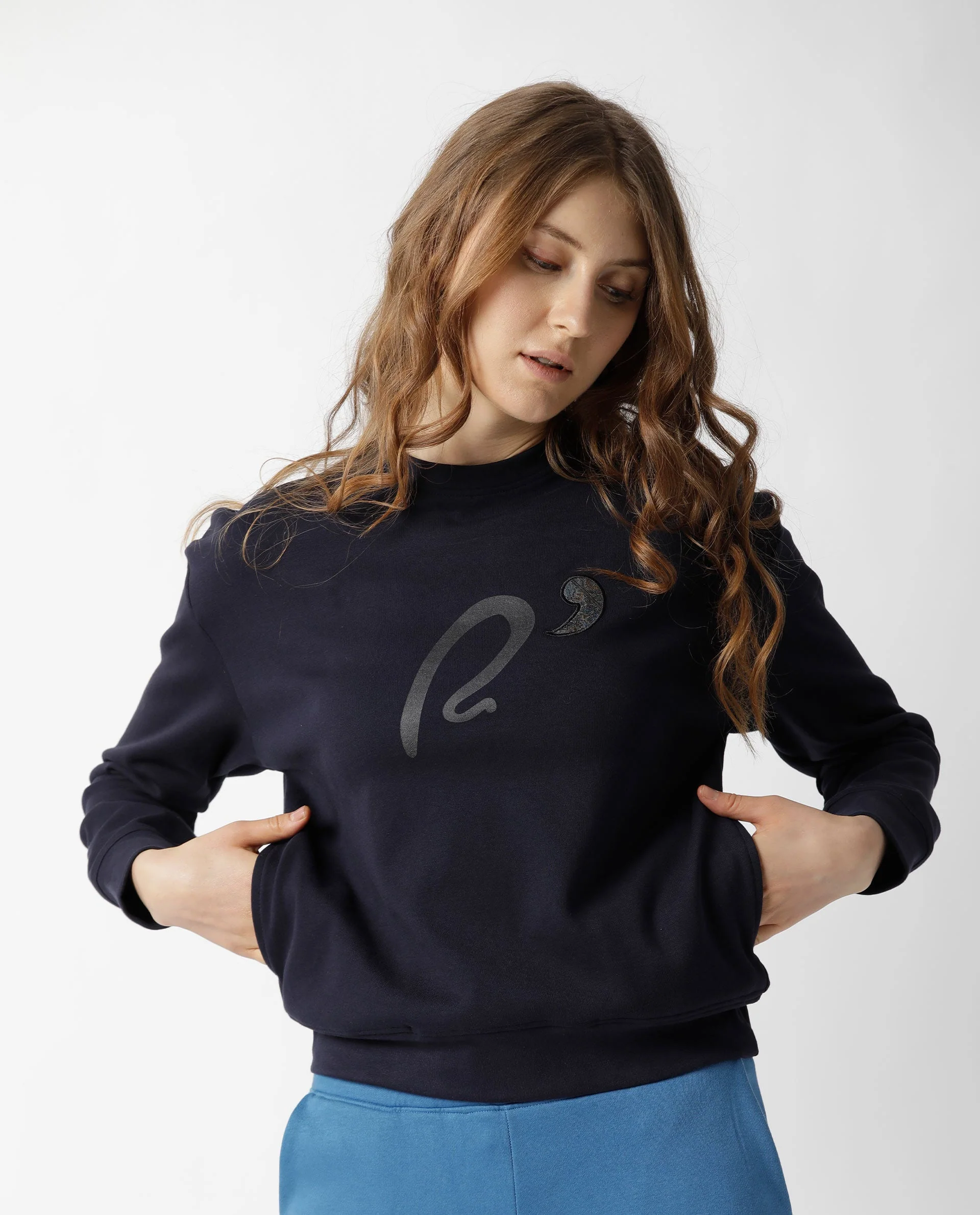 Rareism Women's Slashy Navy Crew Neck Plain Relaxed Fit Sweatshirt - Image 8