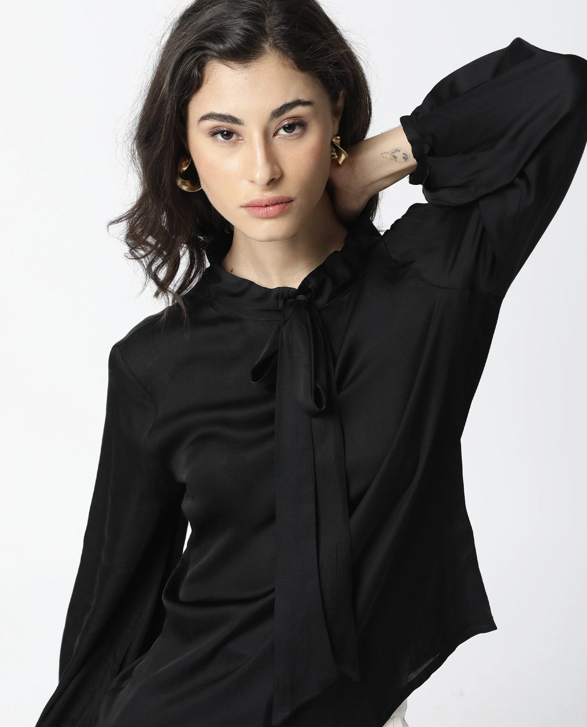 Rareism Women's Sleek Black Tie-Up Neck Plain Regular Fit Top