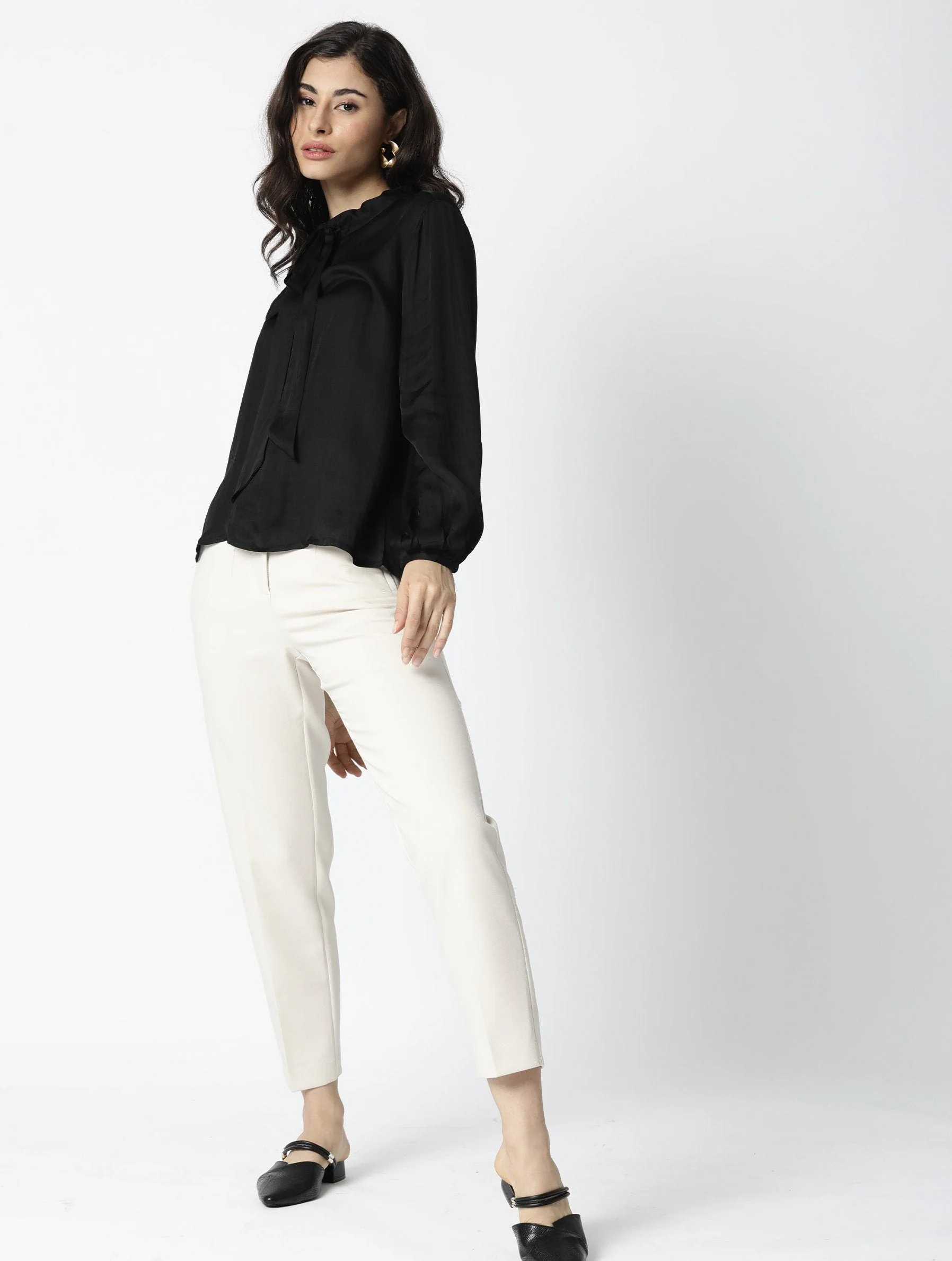 Rareism Women's Sleek Black Tie-Up Neck Plain Regular Fit Top - Image 2