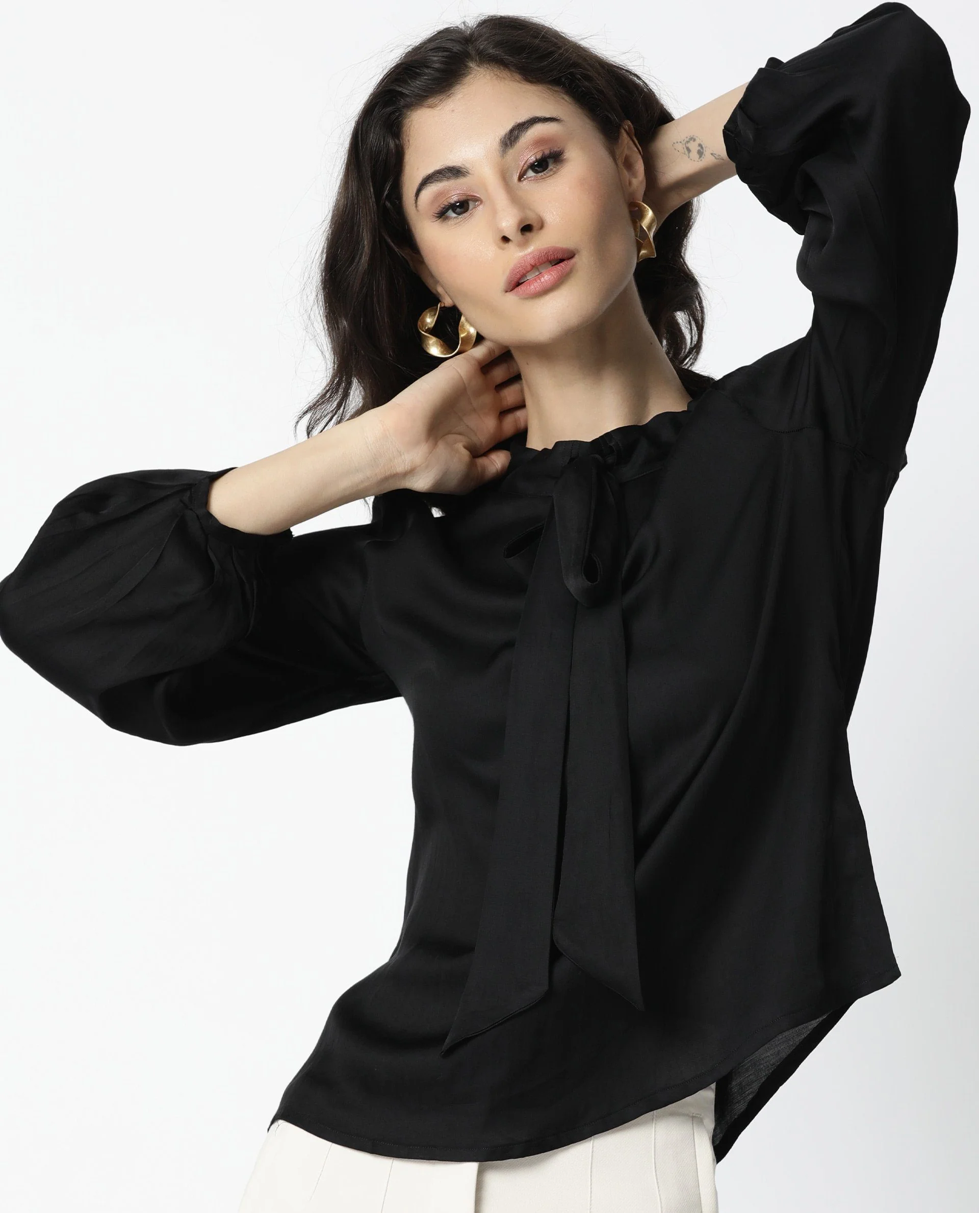 Rareism Women's Sleek Black Tie-Up Neck Plain Regular Fit Top - Image 3