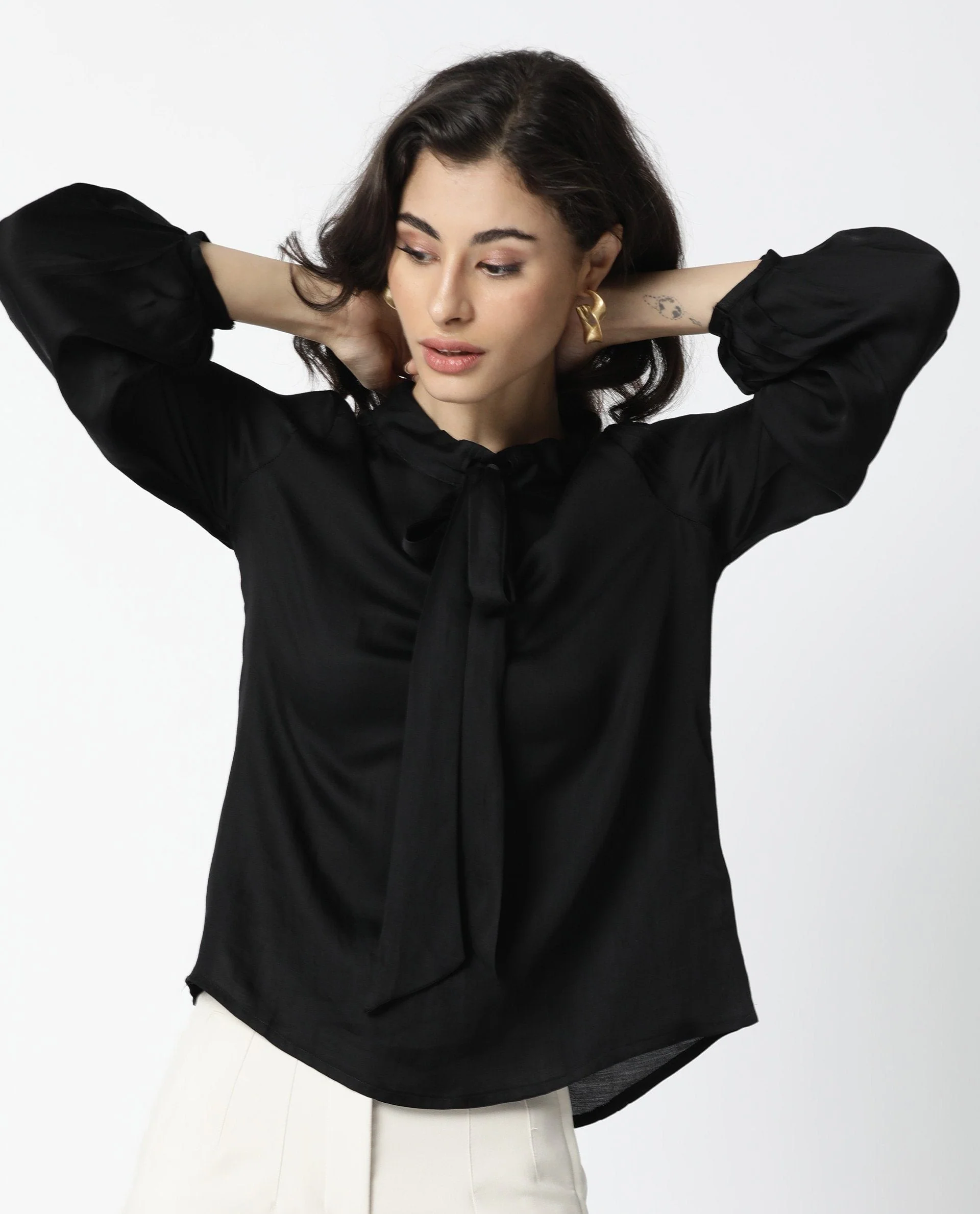 Rareism Women's Sleek Black Tie-Up Neck Plain Regular Fit Top - Image 4