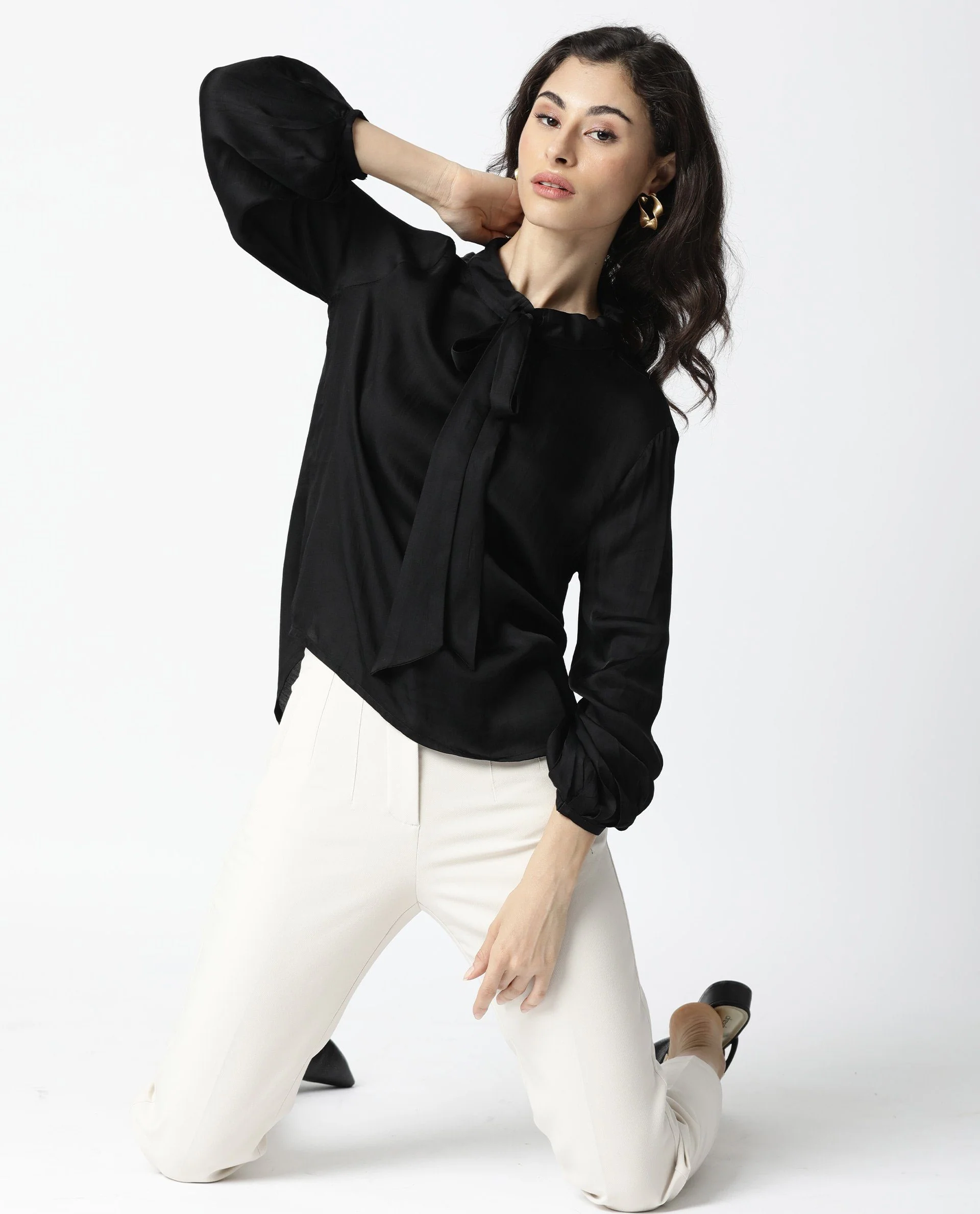 Rareism Women's Sleek Black Tie-Up Neck Plain Regular Fit Top - Image 5