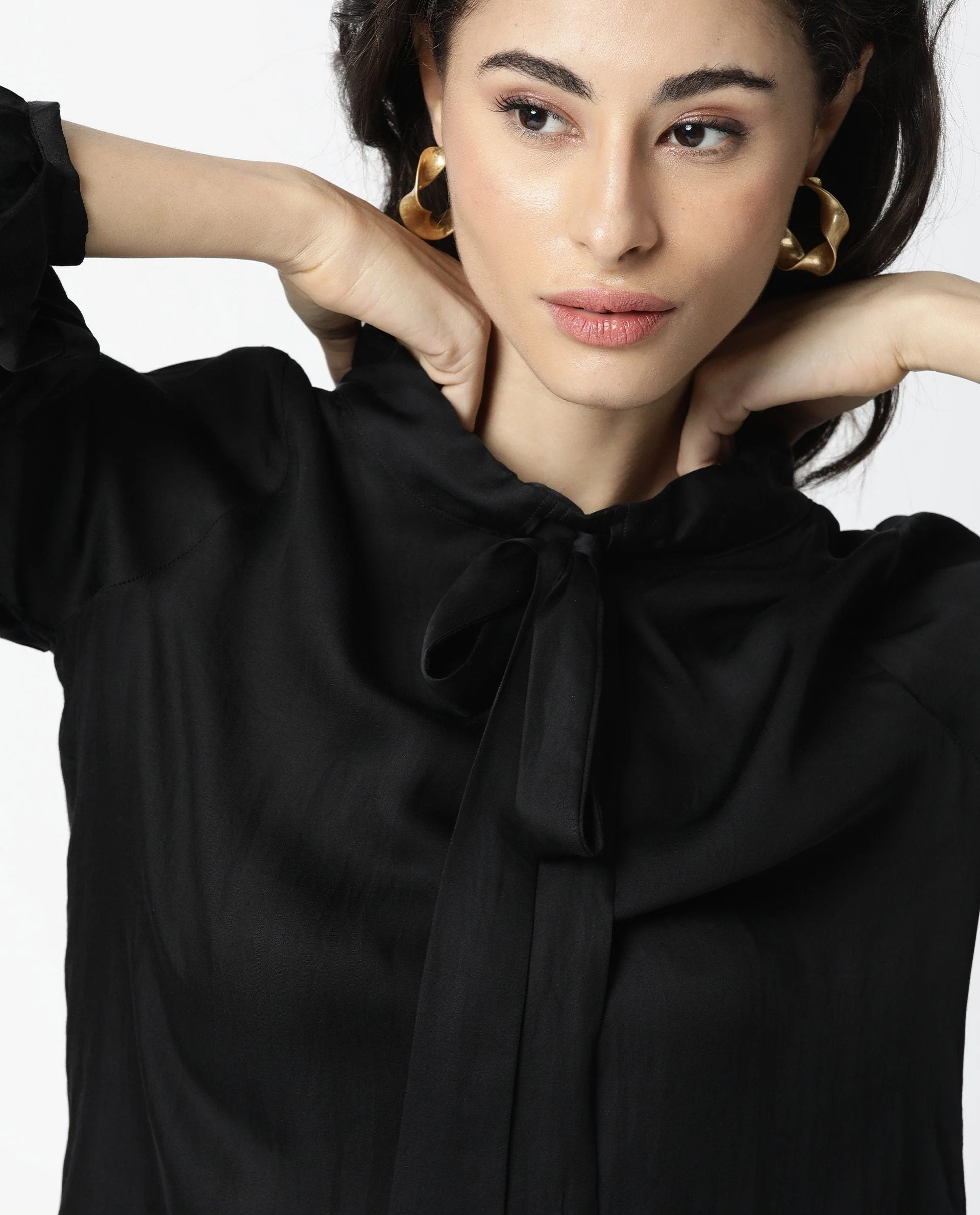 Rareism Women's Sleek Black Tie-Up Neck Plain Regular Fit Top - Image 6