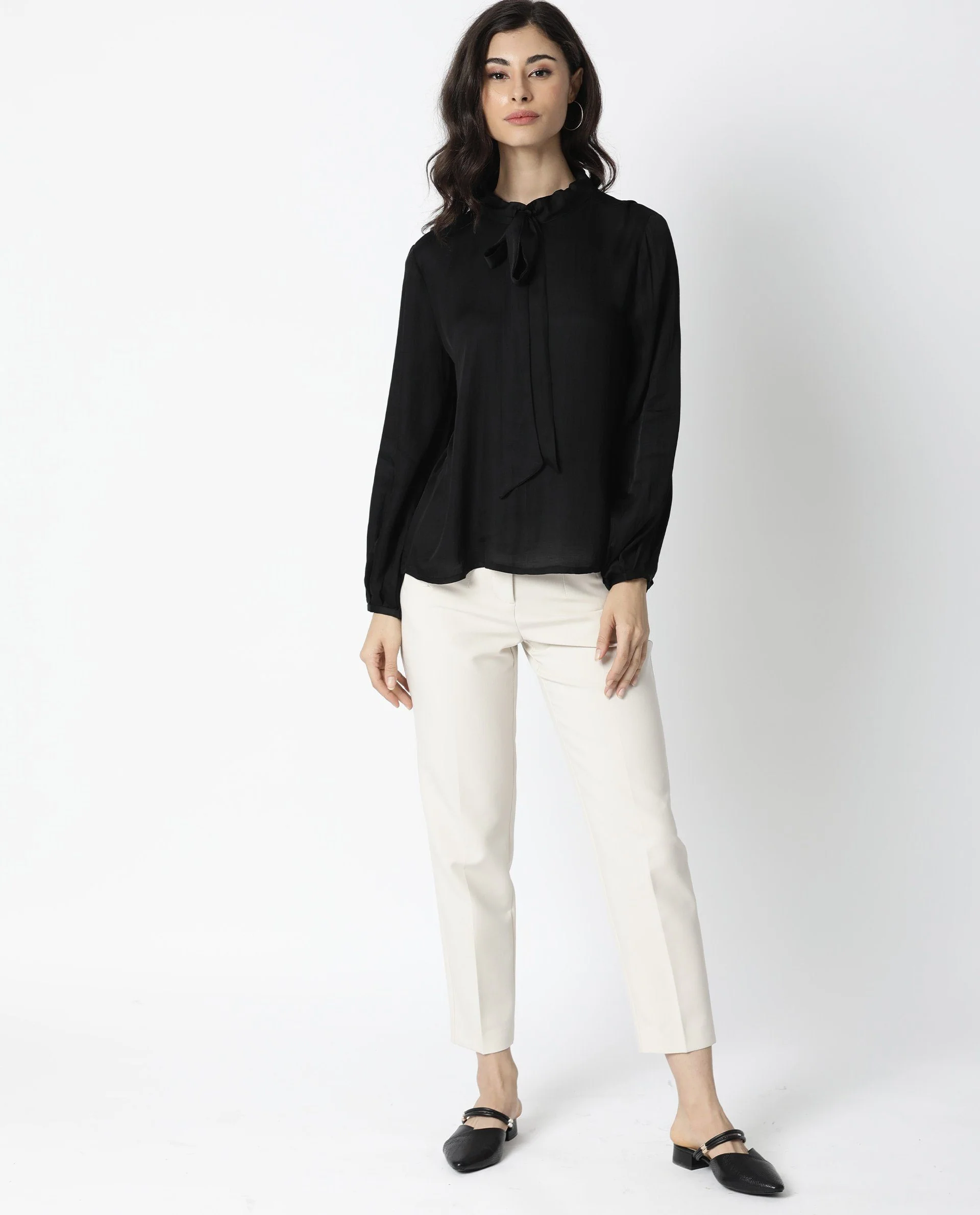 Rareism Women's Sleek Black Tie-Up Neck Plain Regular Fit Top - Image 7
