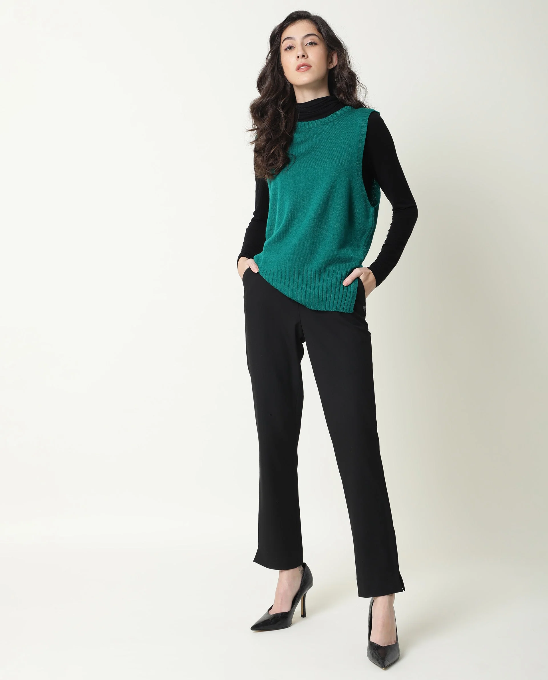 Rareism Women Sleek Green Sweater Sleeveless - Image 3