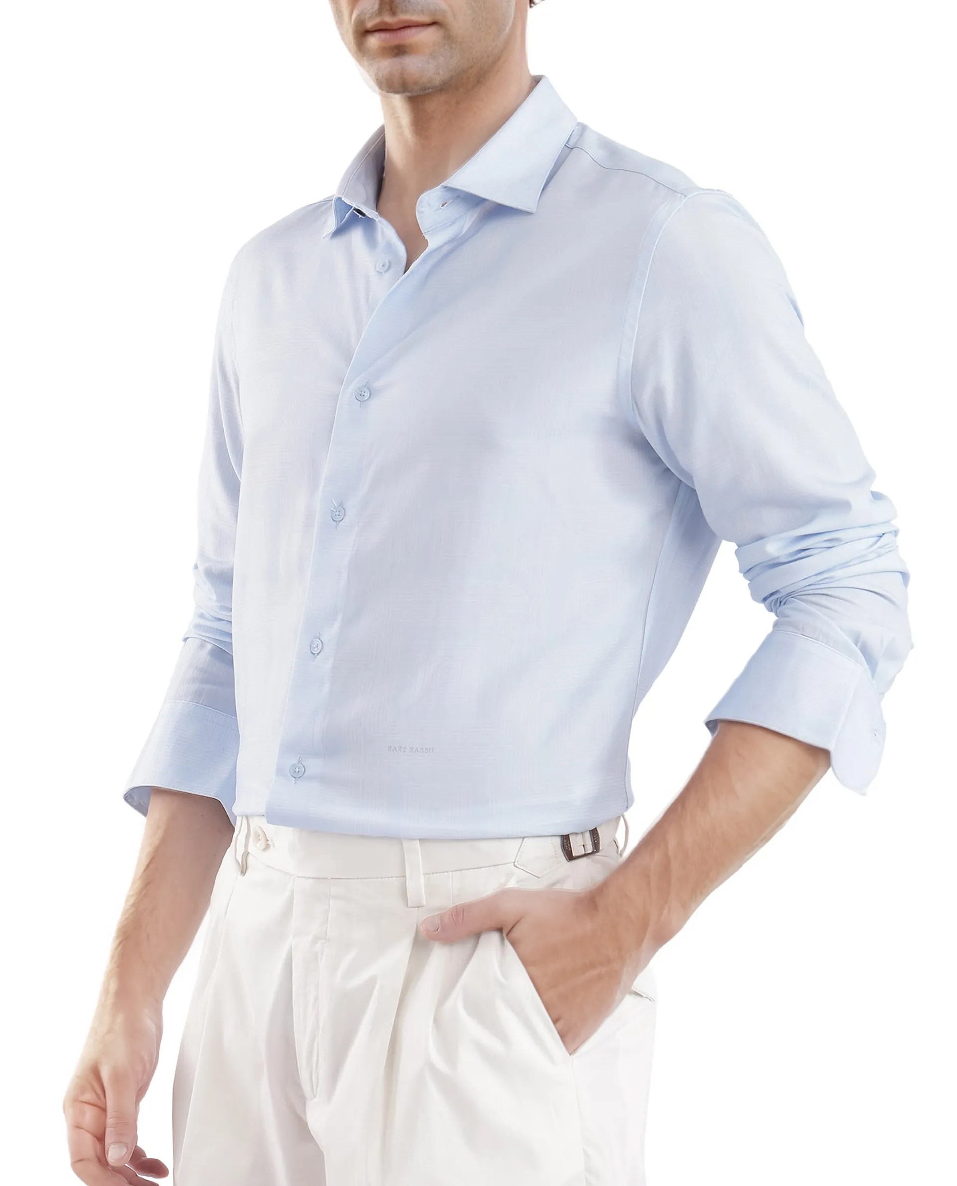 Rare Rabbit Men's Sleek Dusky Blue Viscose Plain Regular Fit Full Sleeve Collared Shirt - Image 3