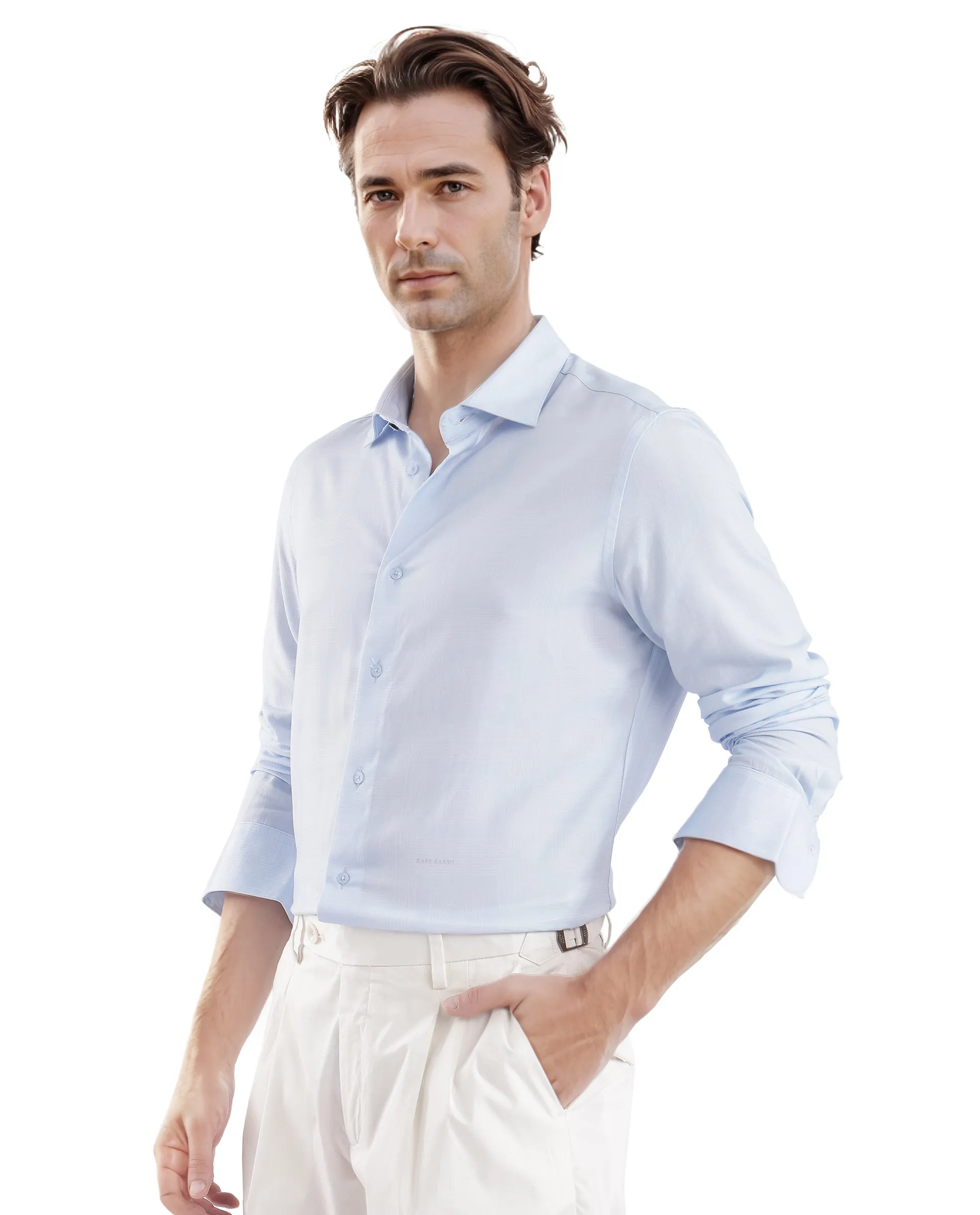 Rare Rabbit Men's Sleek Dusky Blue Viscose Plain Regular Fit Full Sleeve Collared Shirt - Image 5