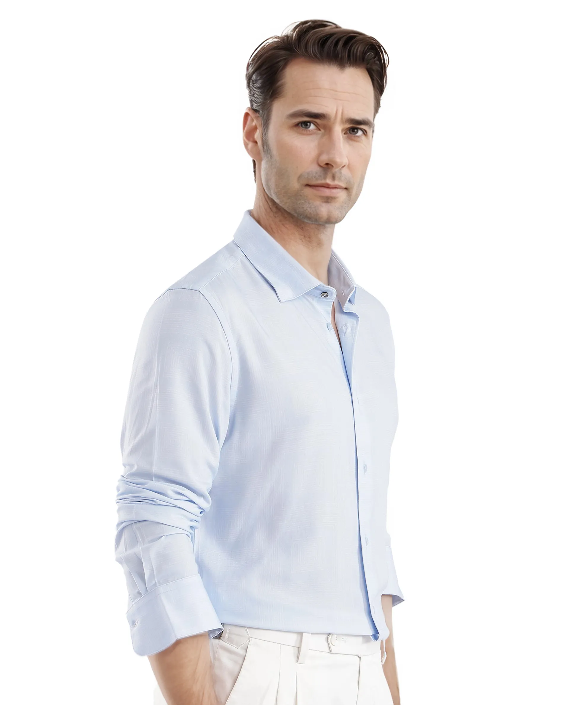 Rare Rabbit Men's Sleek Dusky Blue Viscose Plain Regular Fit Full Sleeve Collared Shirt - Image 6