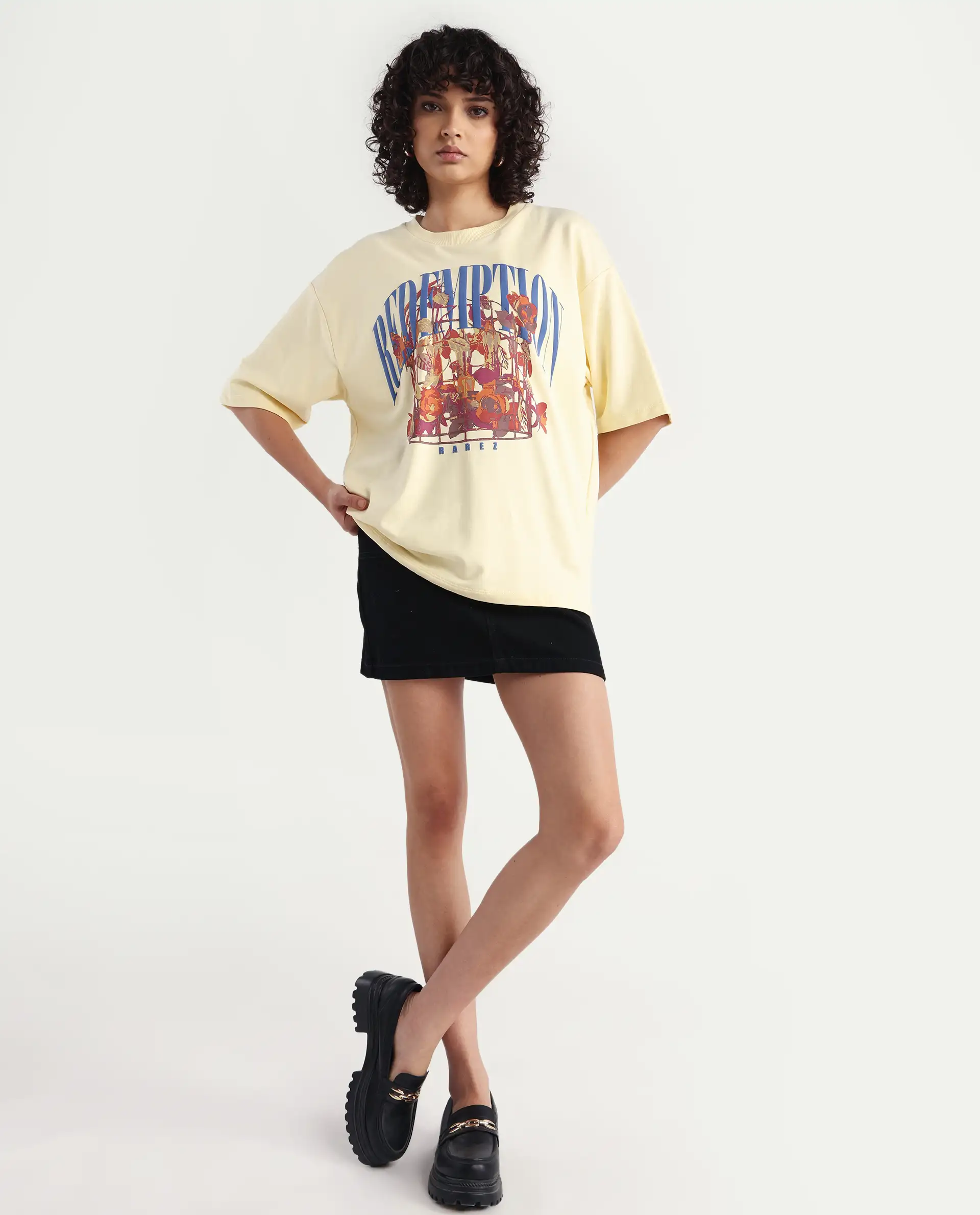 Rareism Women's Sler Dusky Yellow Cotton Crew Neck Graphic Print Oversized T-Shirt - Image 2