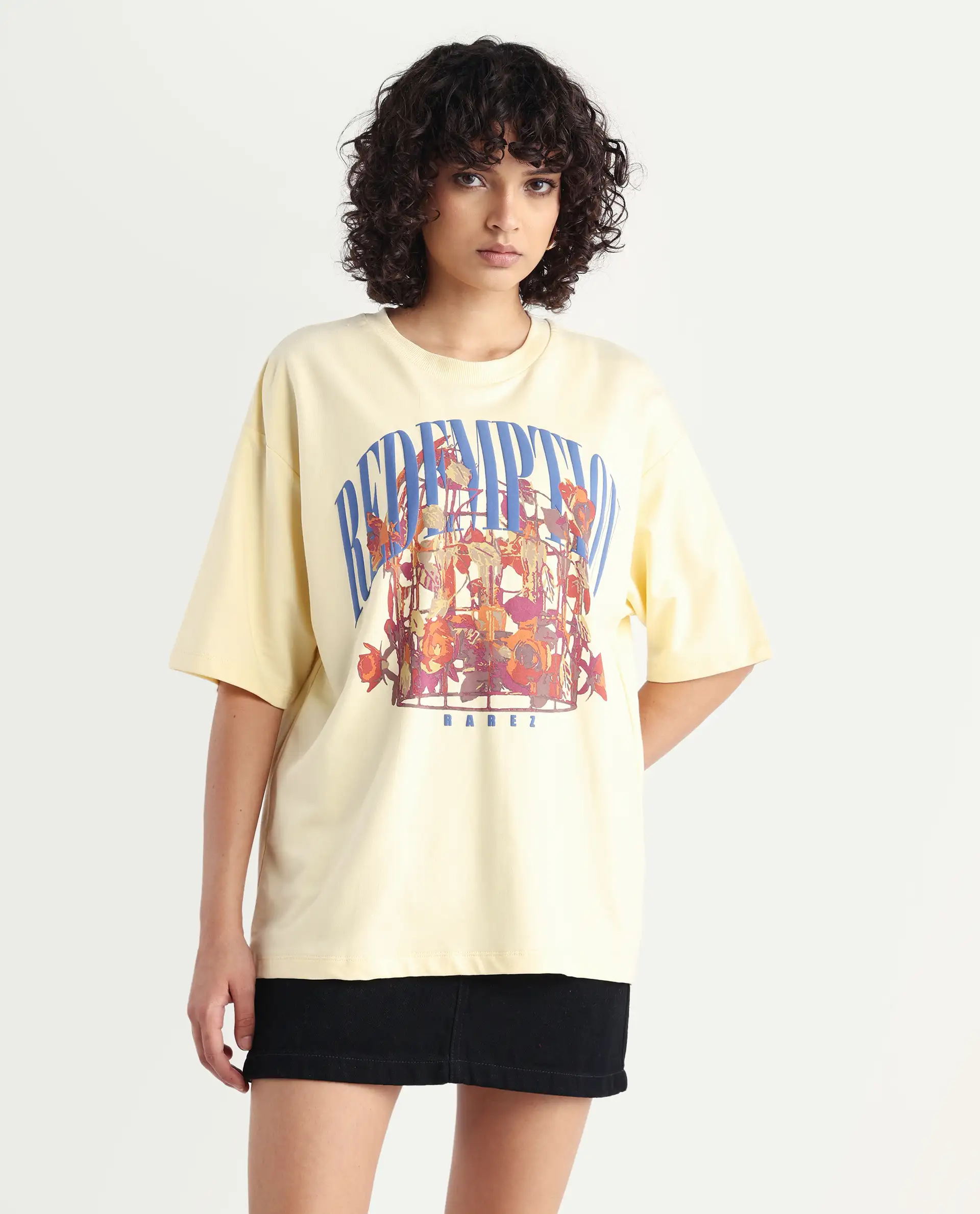Rareism Women's Sler Dusky Yellow Cotton Crew Neck Graphic Print Oversized T-Shirt - Image 3