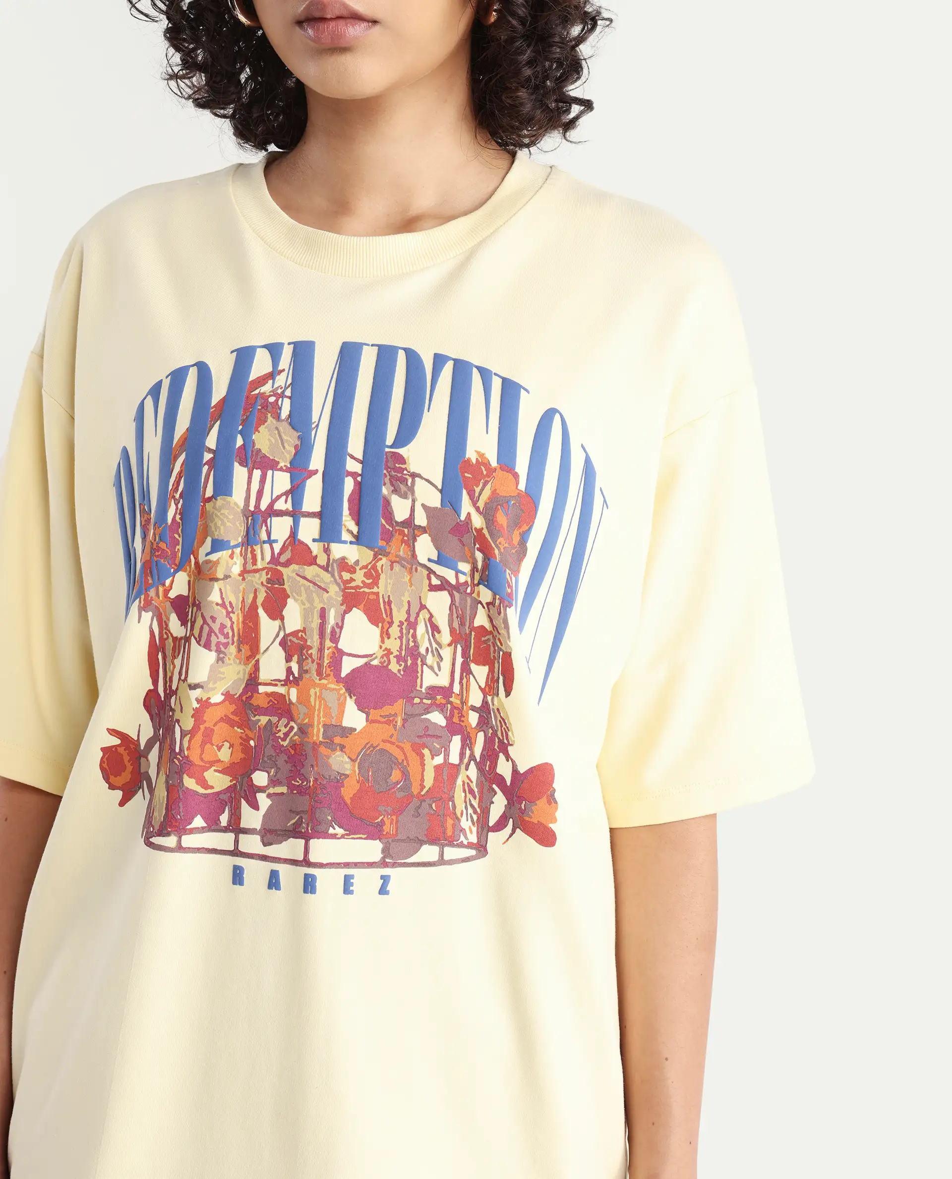 Rareism Women's Sler Dusky Yellow Cotton Crew Neck Graphic Print Oversized T-Shirt - Image 4