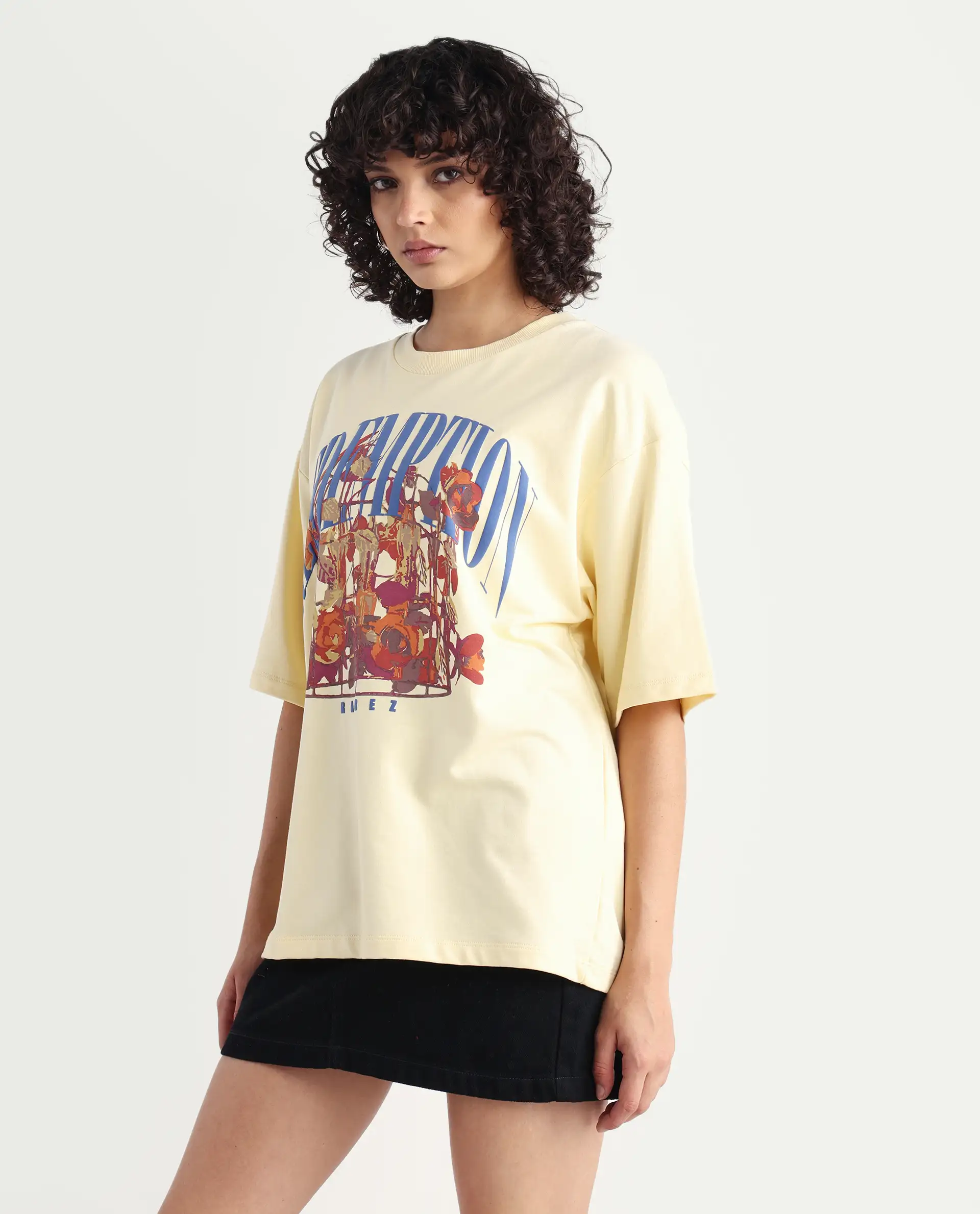 Rareism Women's Sler Dusky Yellow Cotton Crew Neck Graphic Print Oversized T-Shirt - Image 5