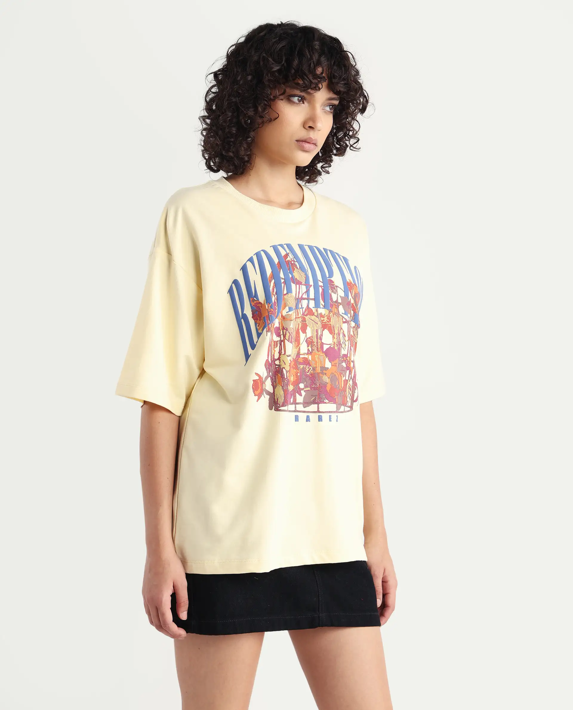 Rareism Women's Sler Dusky Yellow Cotton Crew Neck Graphic Print Oversized T-Shirt - Image 6