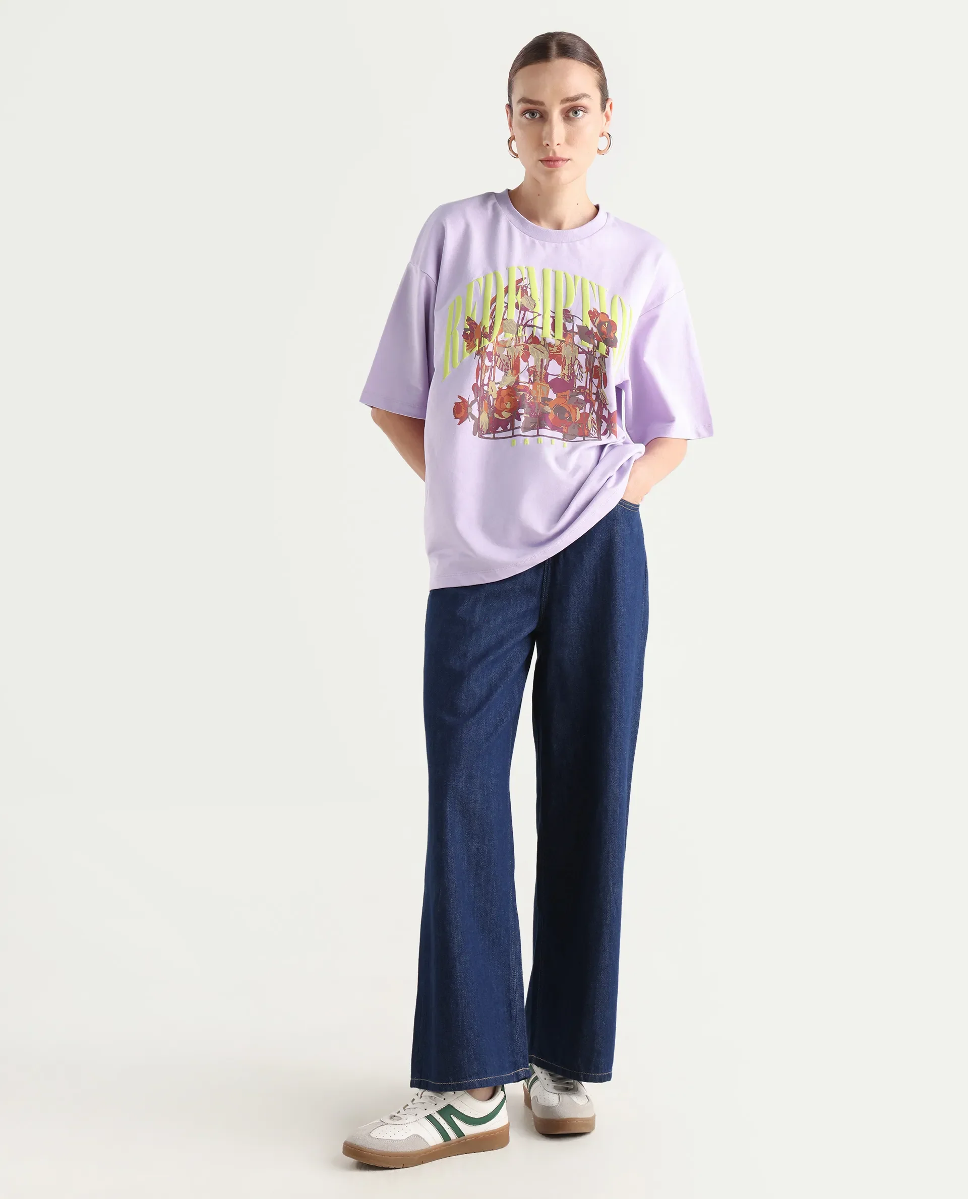 Rareism Women's Sler Light Purple Cotton Crew Neck Graphic Print Oversized T-Shirt - Image 2