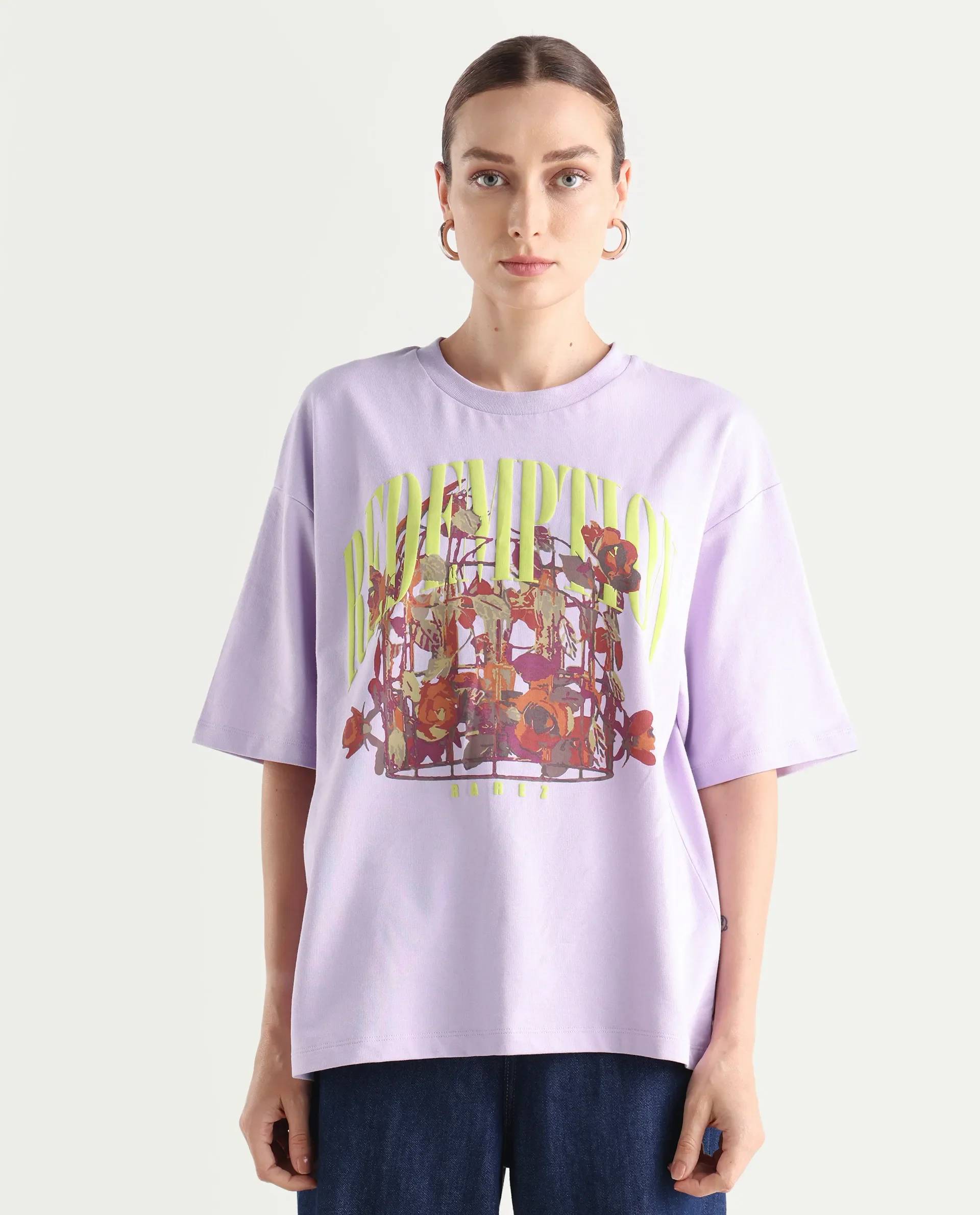 Rareism Women's Sler Light Purple Cotton Crew Neck Graphic Print Oversized T-Shirt - Image 3