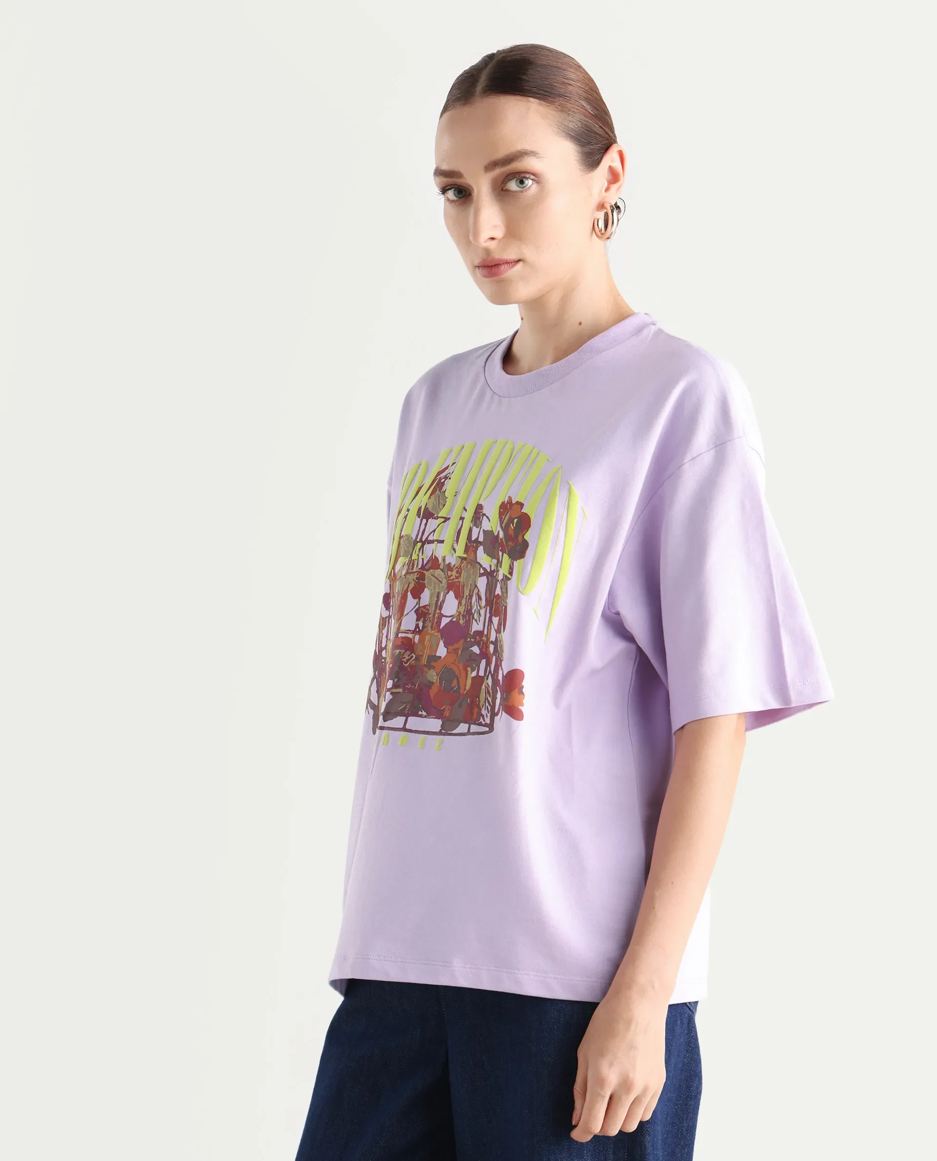 Rareism Women's Sler Light Purple Cotton Crew Neck Graphic Print Oversized T-Shirt - Image 4