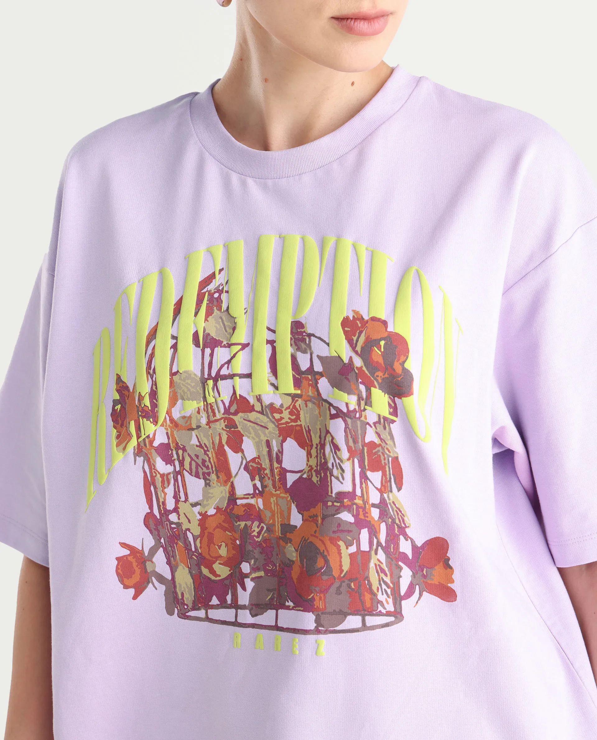 Rareism Women's Sler Light Purple Cotton Crew Neck Graphic Print Oversized T-Shirt - Image 5