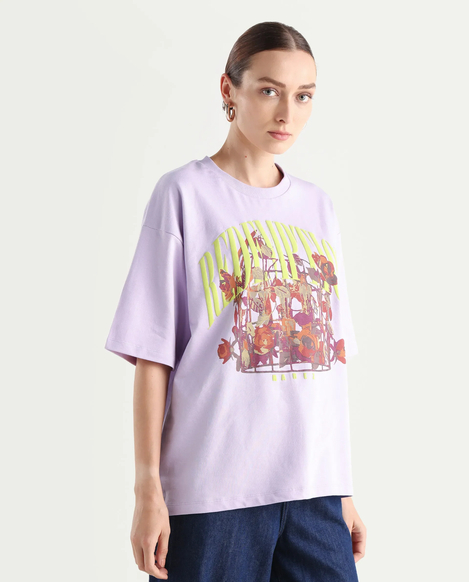 Rareism Women's Sler Light Purple Cotton Crew Neck Graphic Print Oversized T-Shirt - Image 6