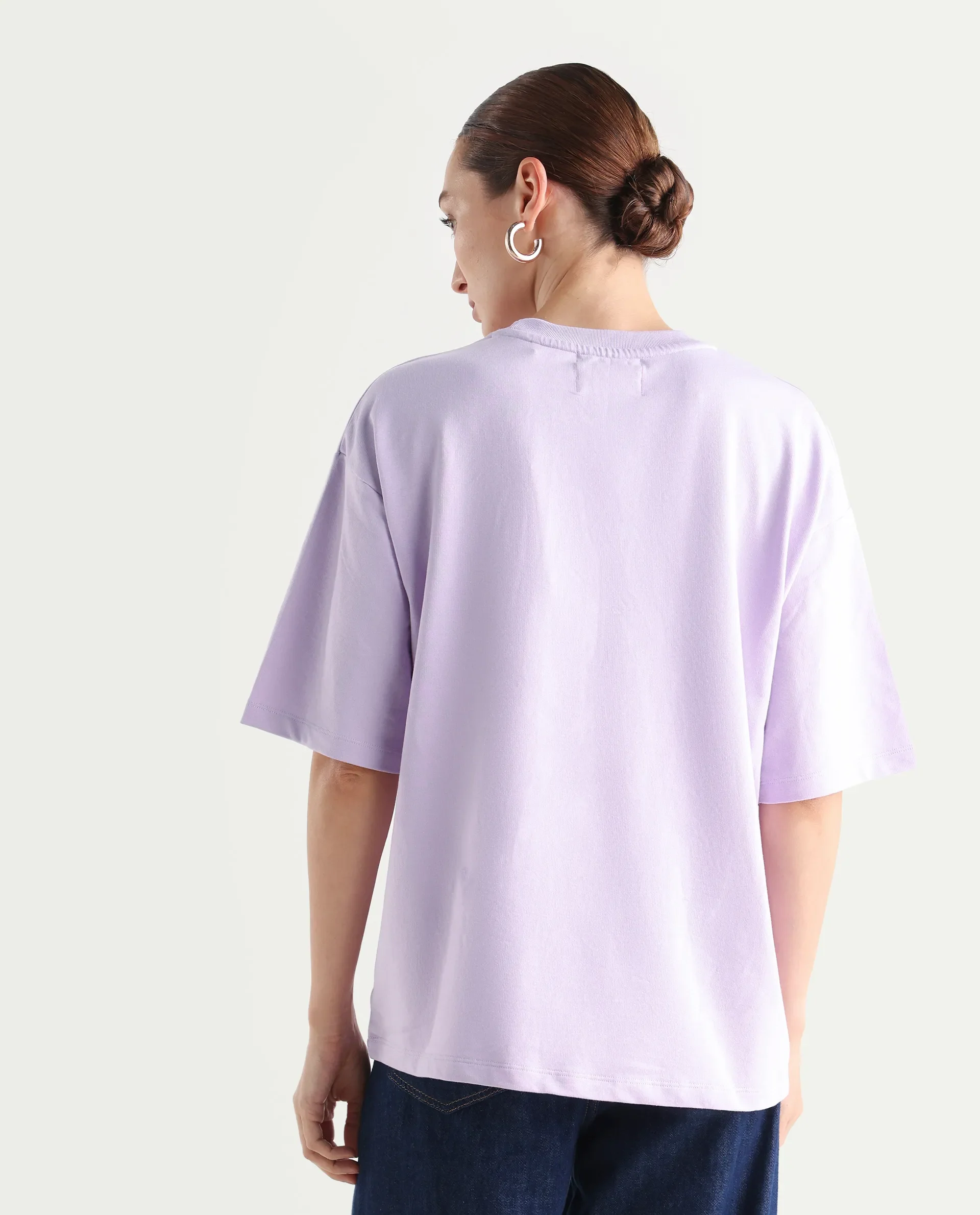 Rareism Women's Sler Light Purple Cotton Crew Neck Graphic Print Oversized T-Shirt - Image 7