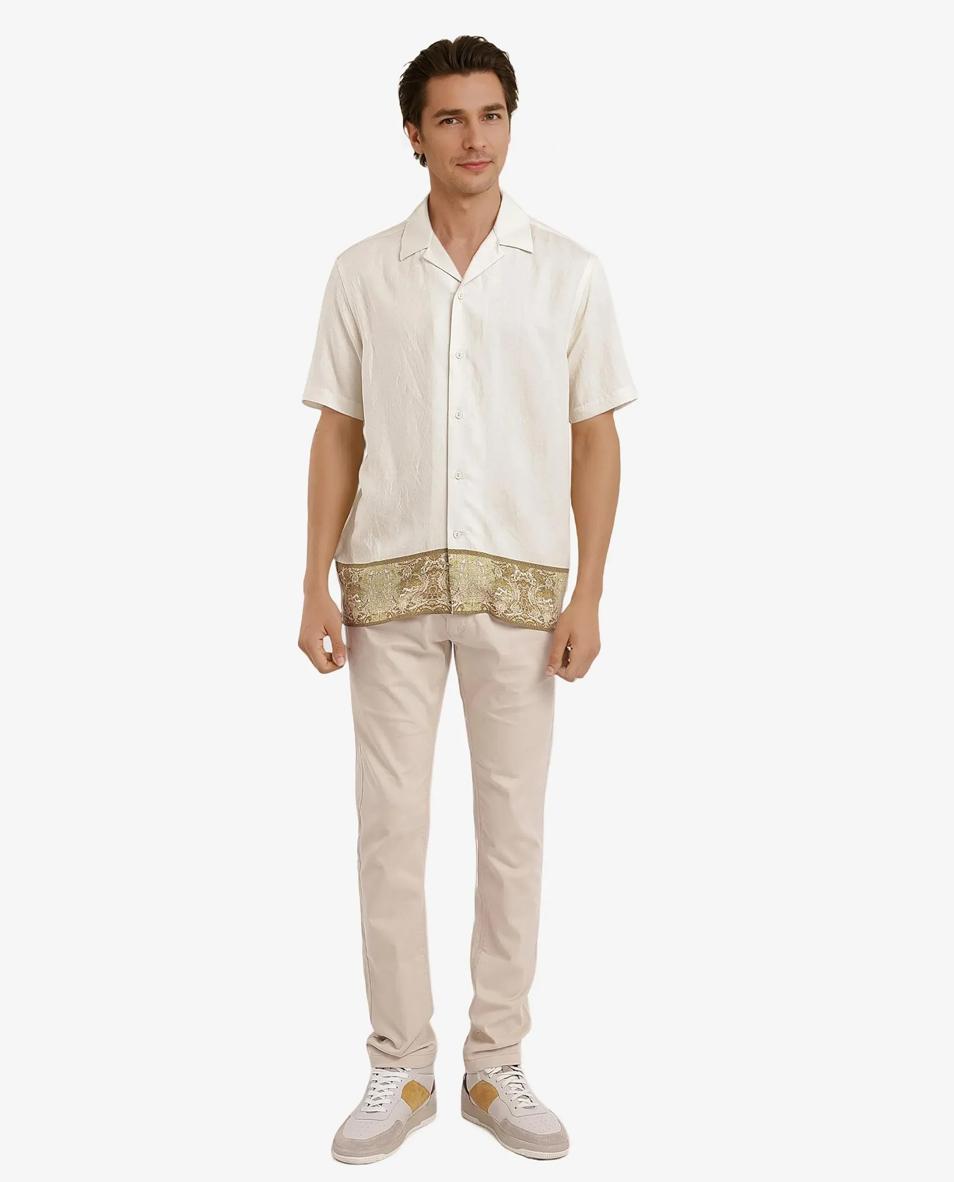 Rare Rabbit Men's Slick Beige Cotton Decorative Print Boxy Fit Half Sleeve Cuban Collar Shirt - Image 2