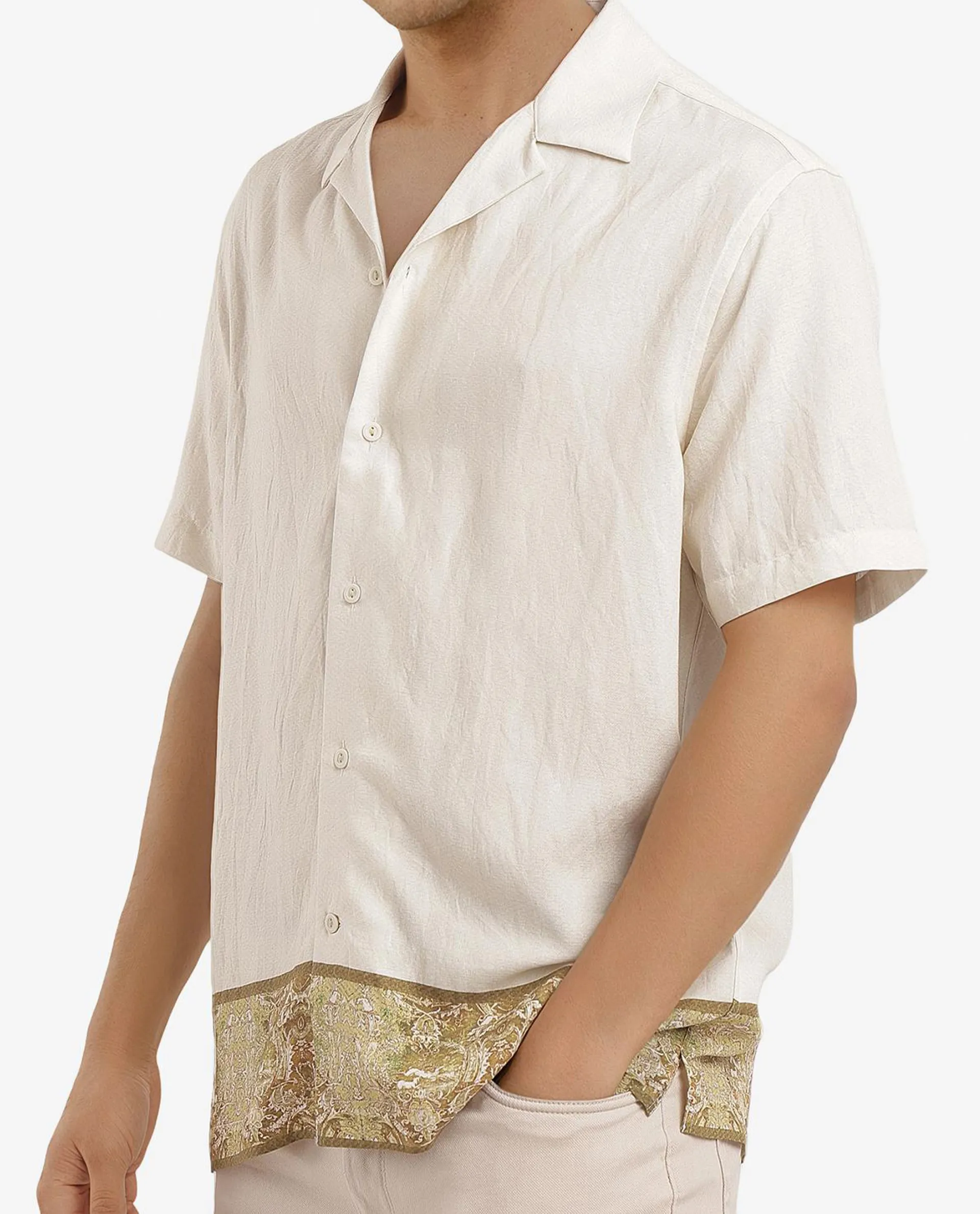 Rare Rabbit Men's Slick Beige Cotton Decorative Print Boxy Fit Half Sleeve Cuban Collar Shirt - Image 3