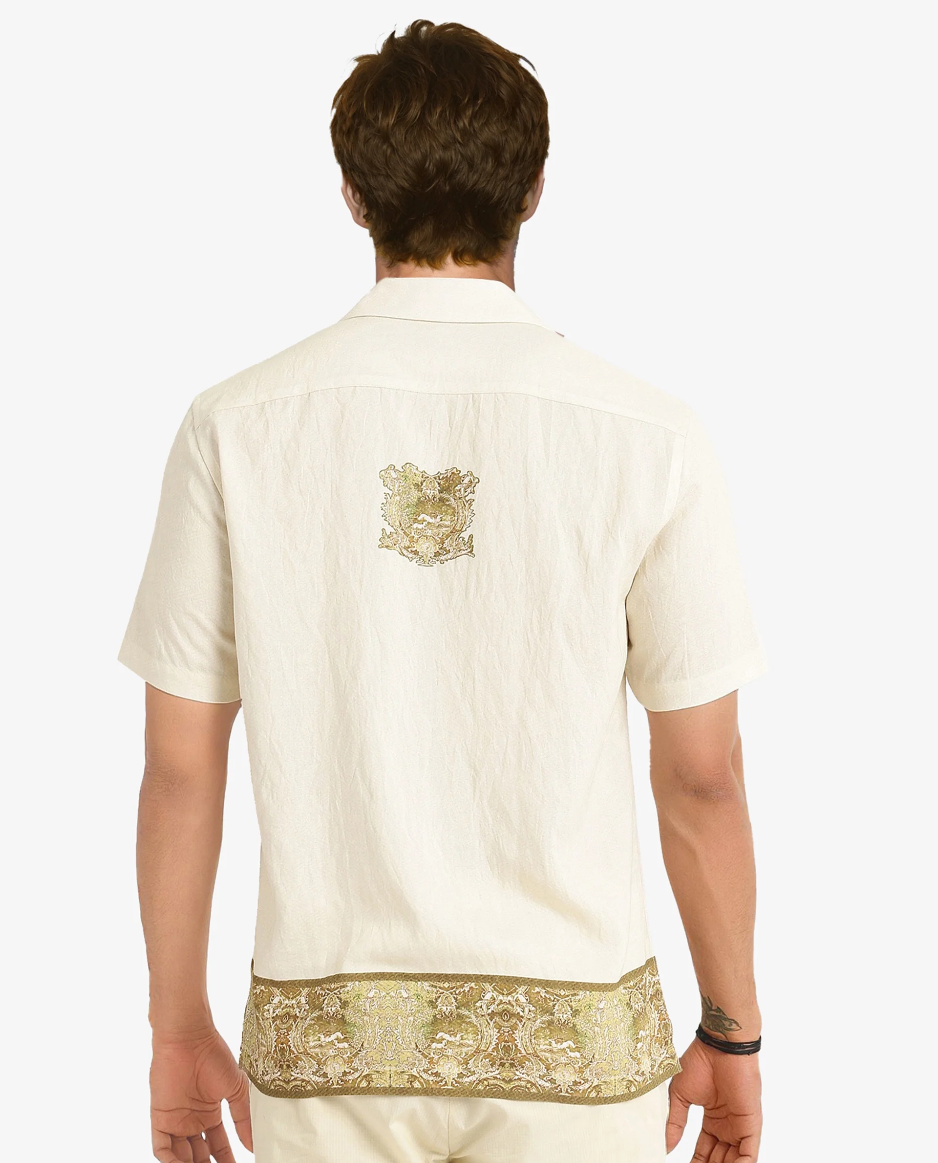 Rare Rabbit Men's Slick Beige Cotton Decorative Print Boxy Fit Half Sleeve Cuban Collar Shirt - Image 4