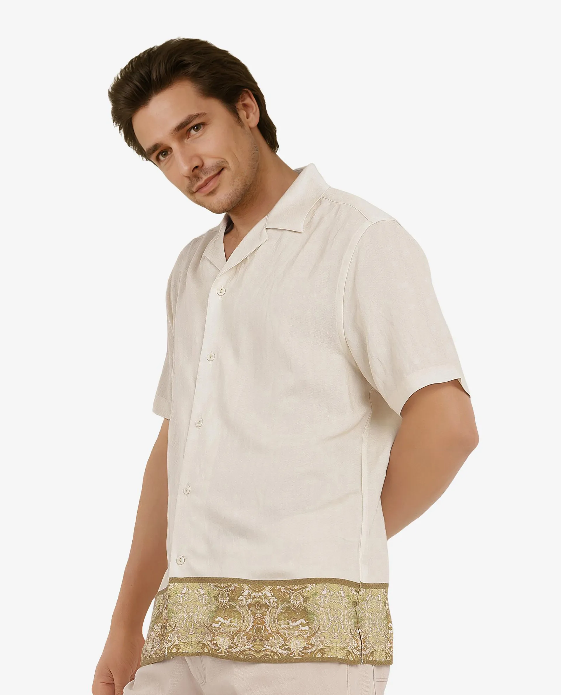 Rare Rabbit Men's Slick Beige Cotton Decorative Print Boxy Fit Half Sleeve Cuban Collar Shirt - Image 5