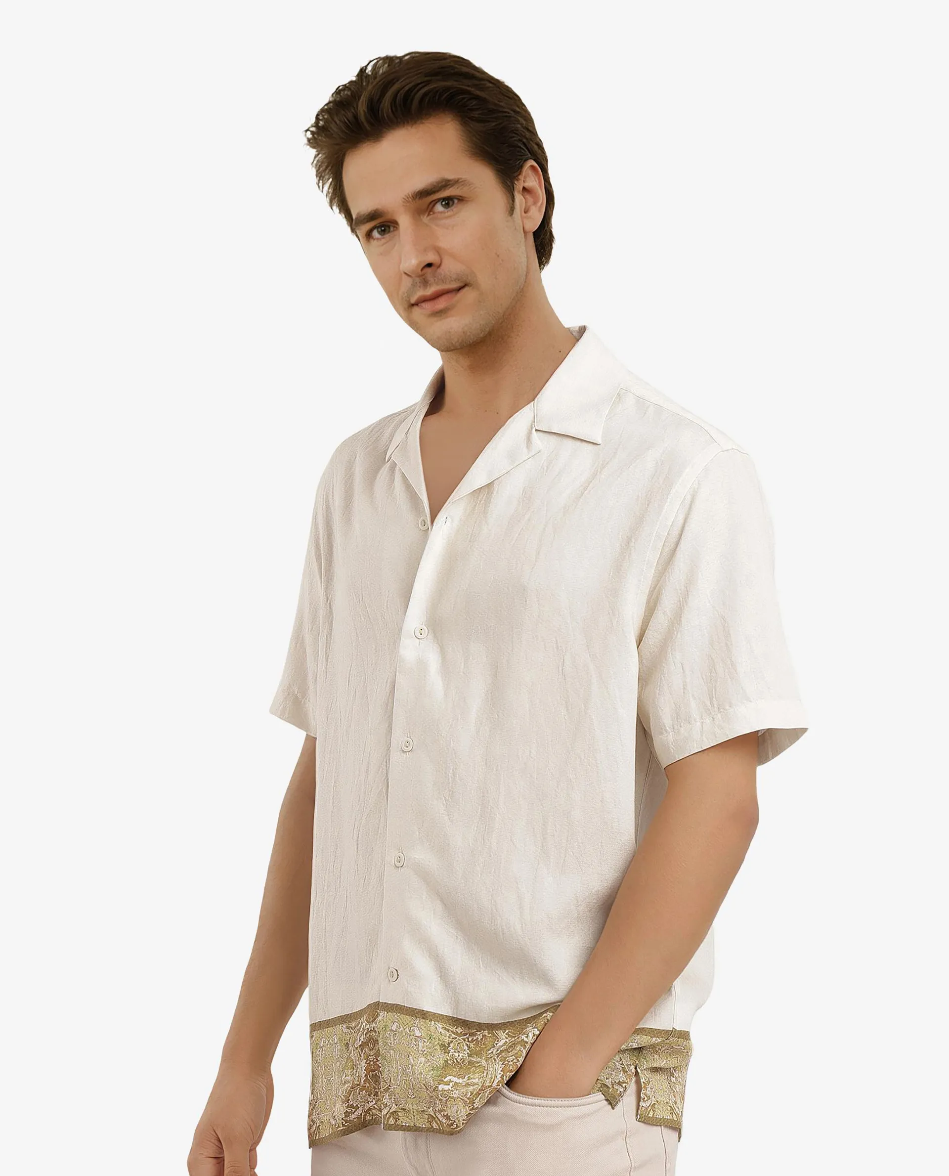 Rare Rabbit Men's Slick Beige Cotton Decorative Print Boxy Fit Half Sleeve Cuban Collar Shirt - Image 6