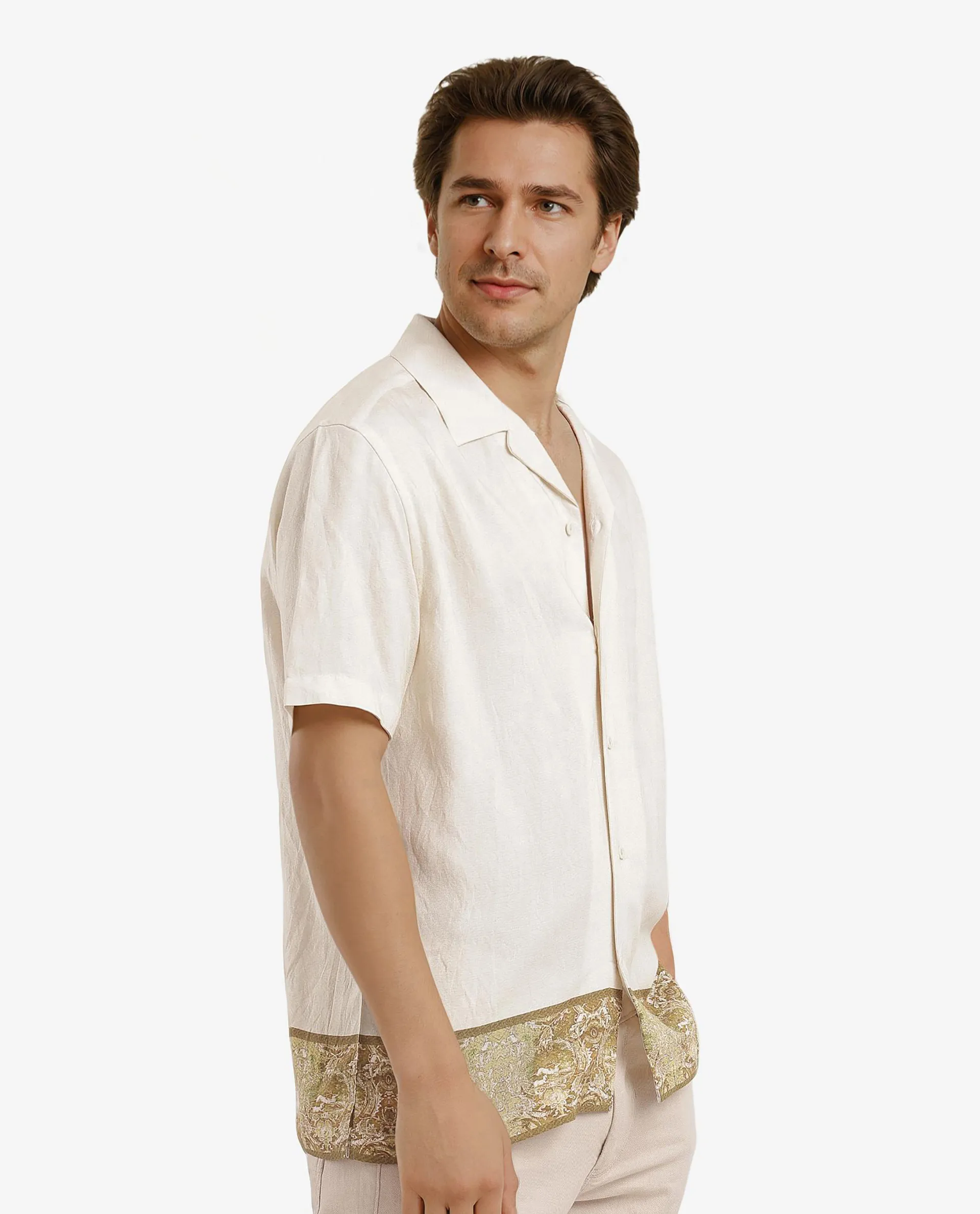 Rare Rabbit Men's Slick Beige Cotton Decorative Print Boxy Fit Half Sleeve Cuban Collar Shirt - Image 7