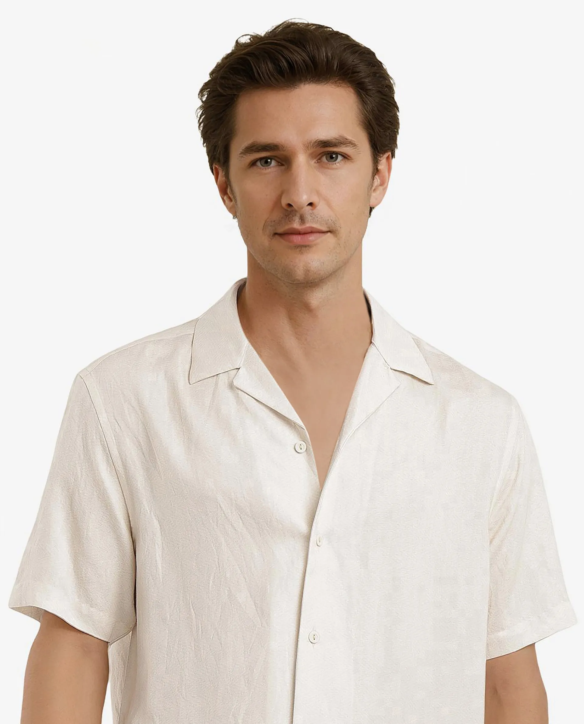 Rare Rabbit Men's Slick Beige Cotton Decorative Print Boxy Fit Half Sleeve Cuban Collar Shirt - Image 8