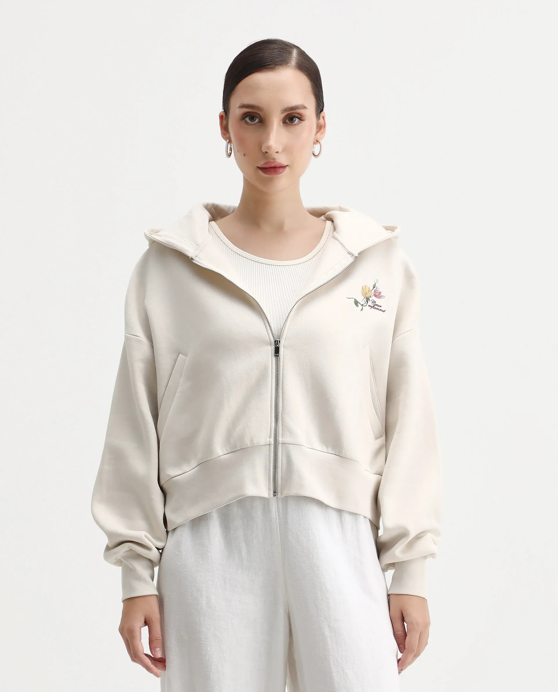 Rareism Women's Slio Light Beige Cotton Blend Hooded Oversize Fit Floral Print Sweatshirt - Image 2