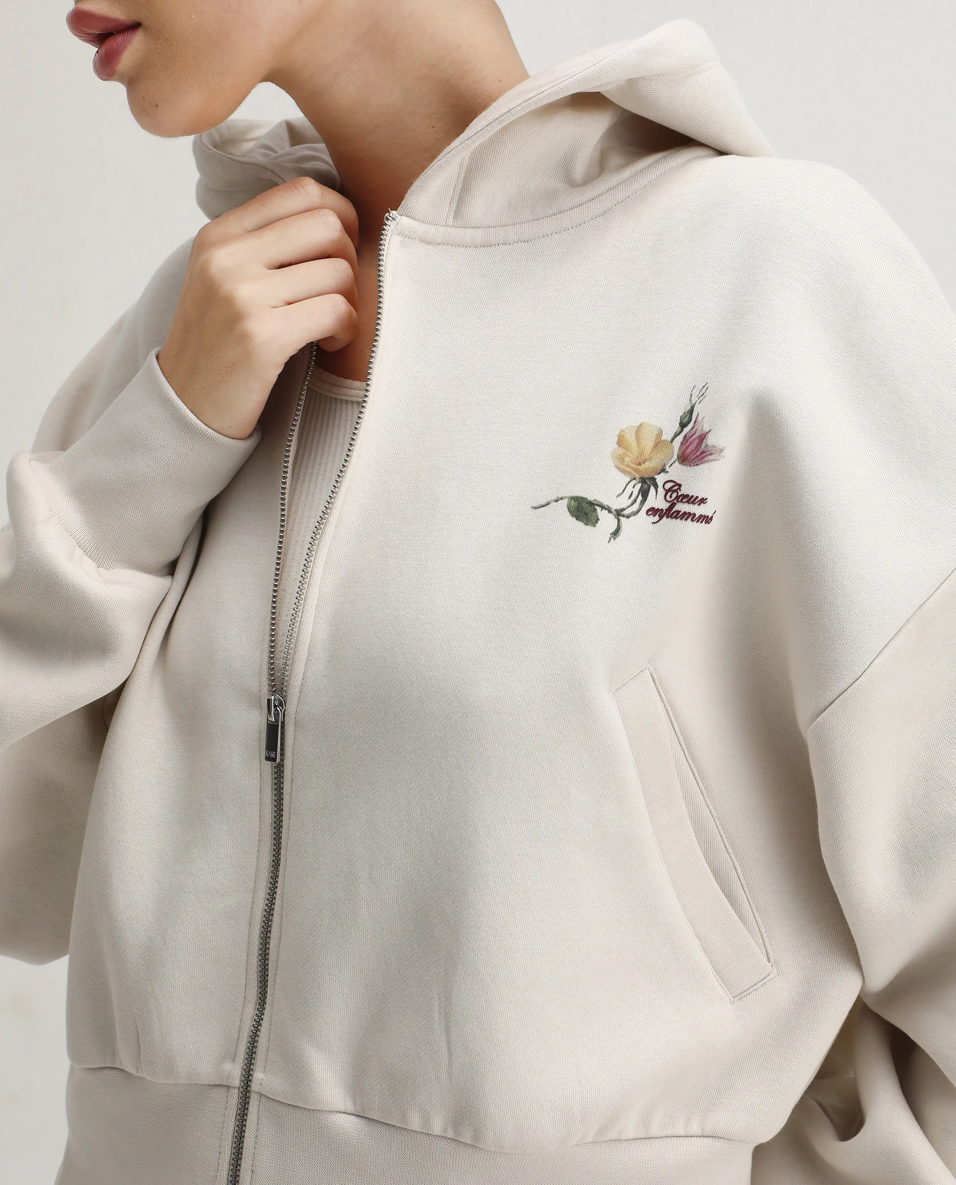 Rareism Women's Slio Light Beige Cotton Blend Hooded Oversize Fit Floral Print Sweatshirt - Image 4