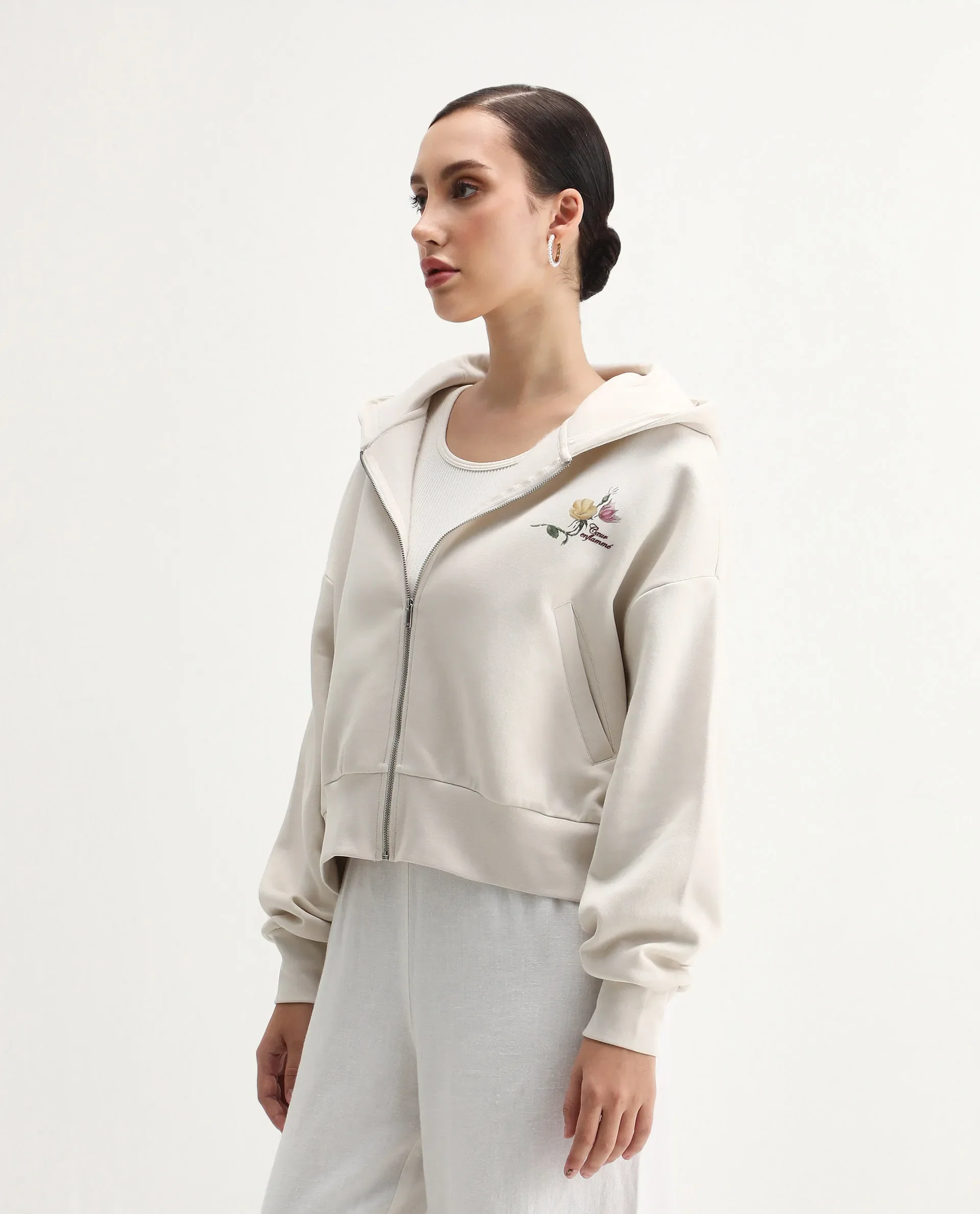 Rareism Women's Slio Light Beige Cotton Blend Hooded Oversize Fit Floral Print Sweatshirt - Image 5