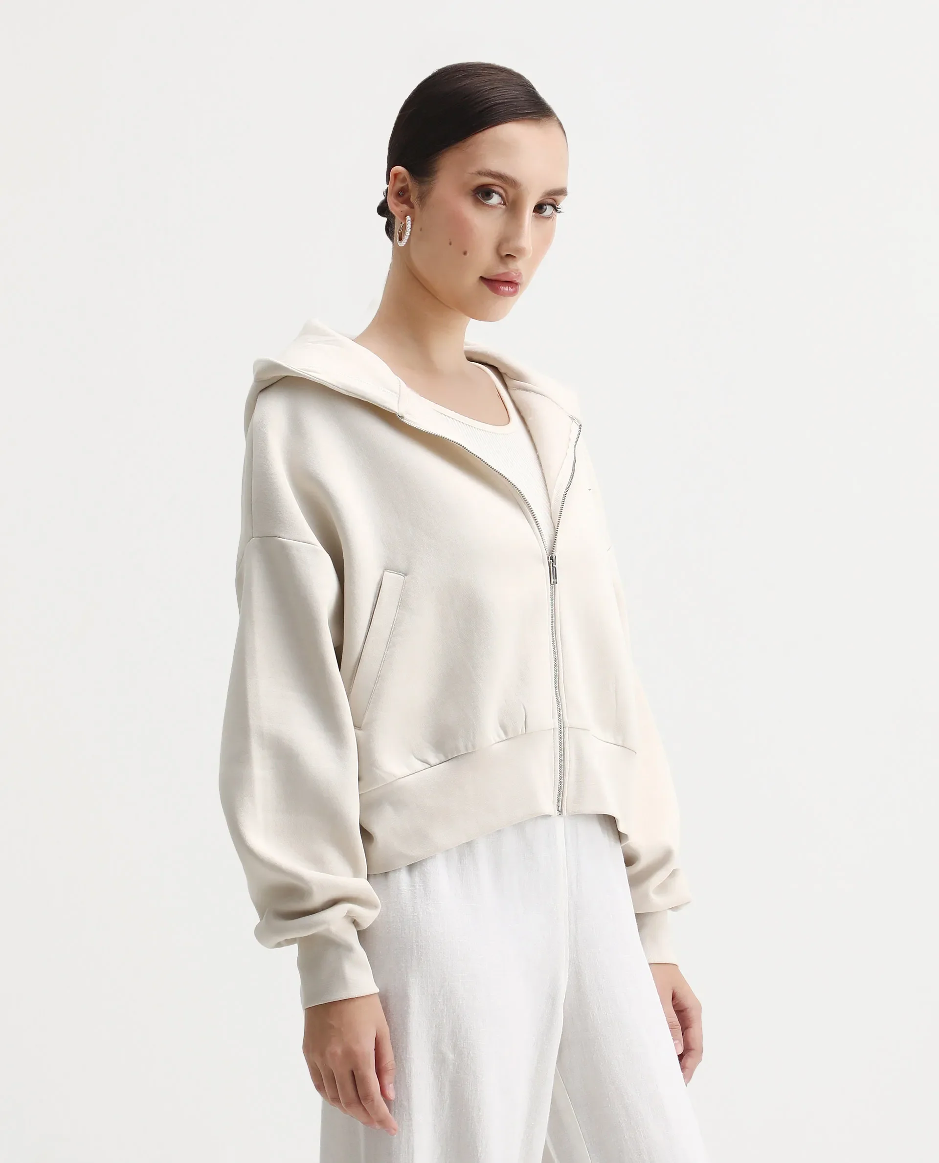 Rareism Women's Slio Light Beige Cotton Blend Hooded Oversize Fit Floral Print Sweatshirt - Image 6