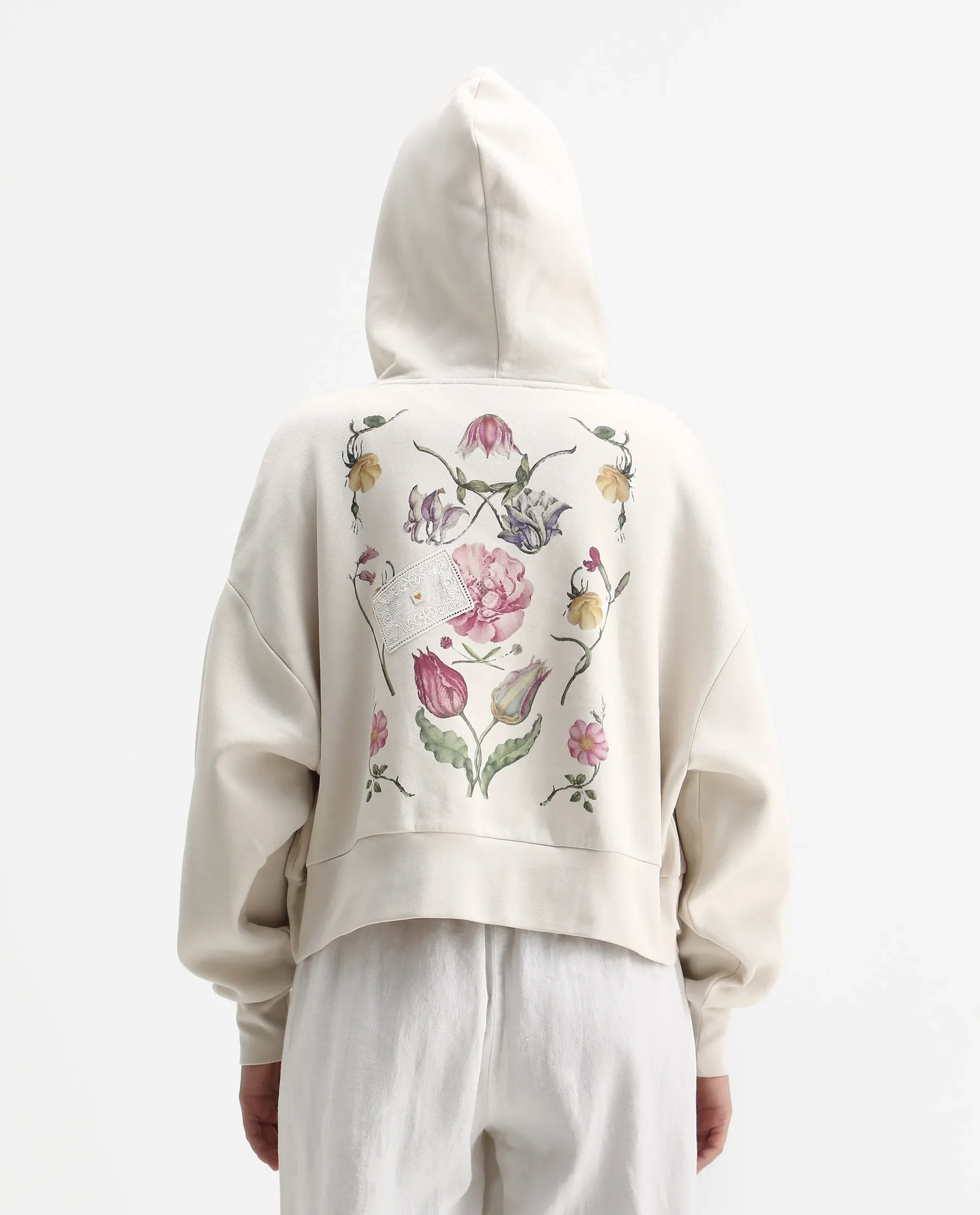 Rareism Women's Slio Light Beige Cotton Blend Hooded Oversize Fit Floral Print Sweatshirt - Image 7