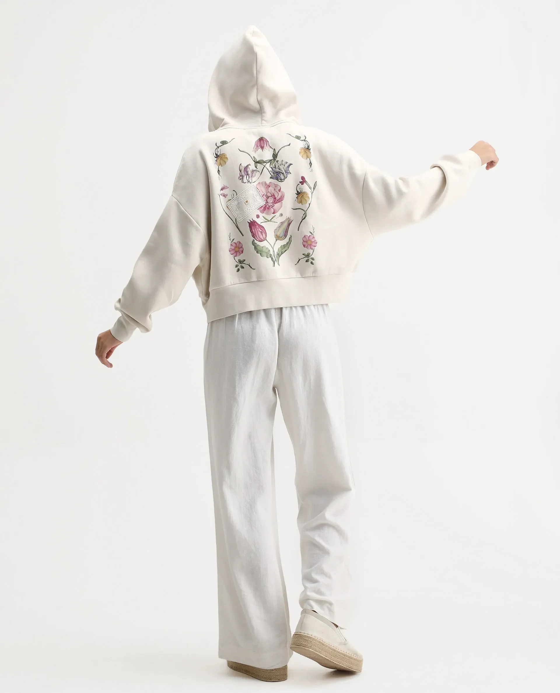 Rareism Women's Slio Light Beige Cotton Blend Hooded Oversize Fit Floral Print Sweatshirt - Image 8