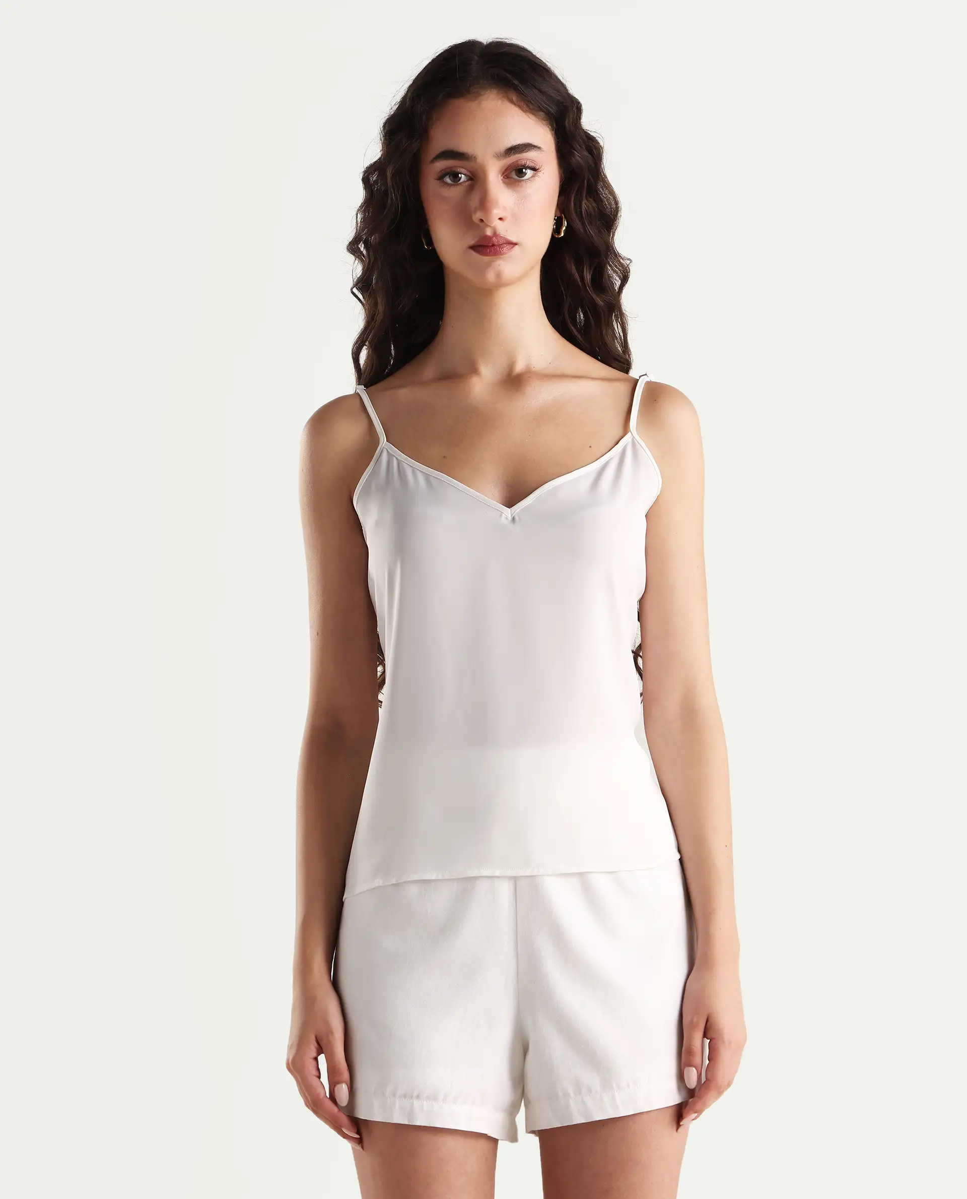 Rareism Women's Slipo Offwhite Polyester V-Neck Plain Shoulder Strap Knee Length Regular Fit Inner Wear Slip - Image 3