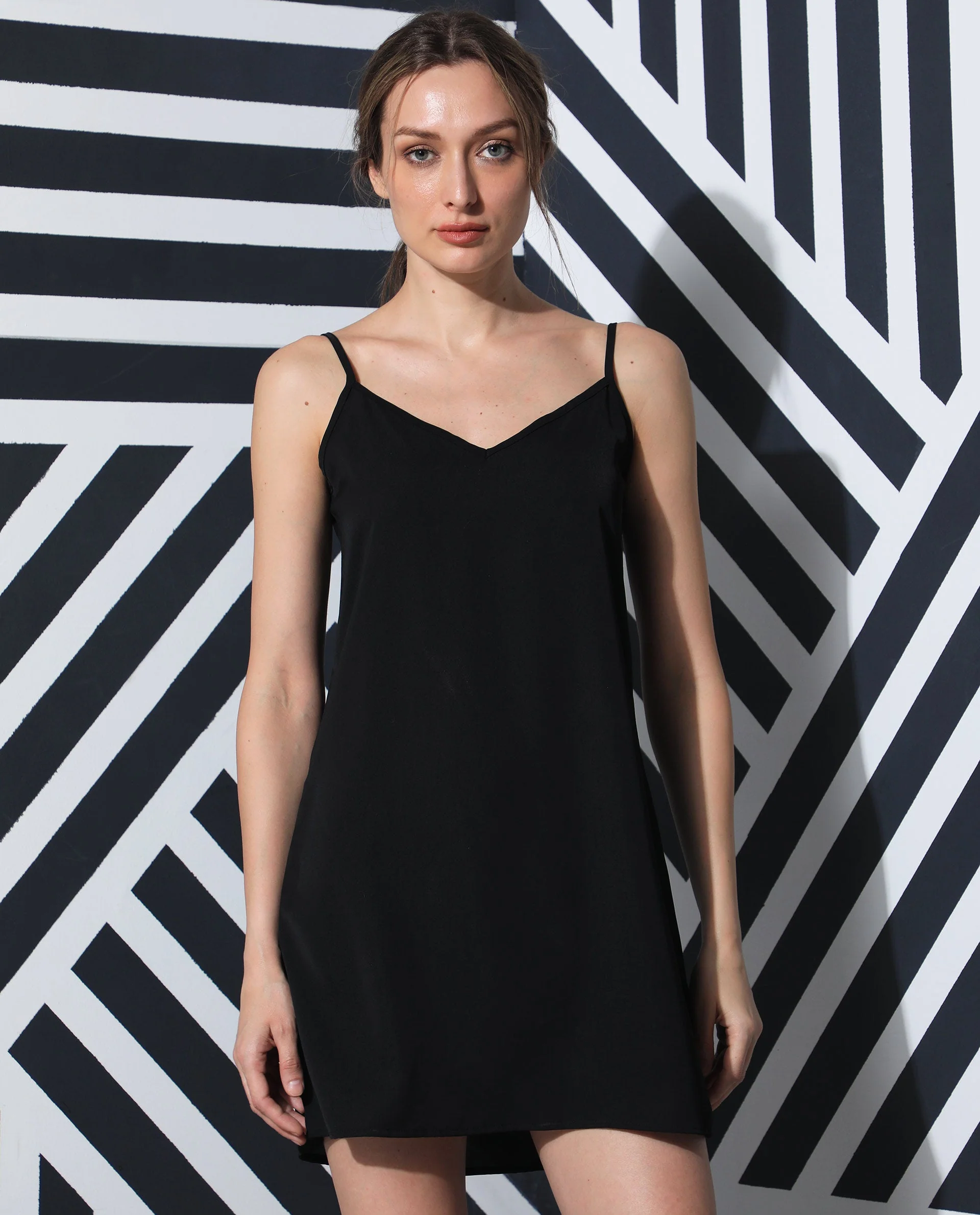 Rareism Women's Slipos Black Polyester V-Neck Plain Shoulder Strap Knee Length Regular Fit Inner Wear - Image 4