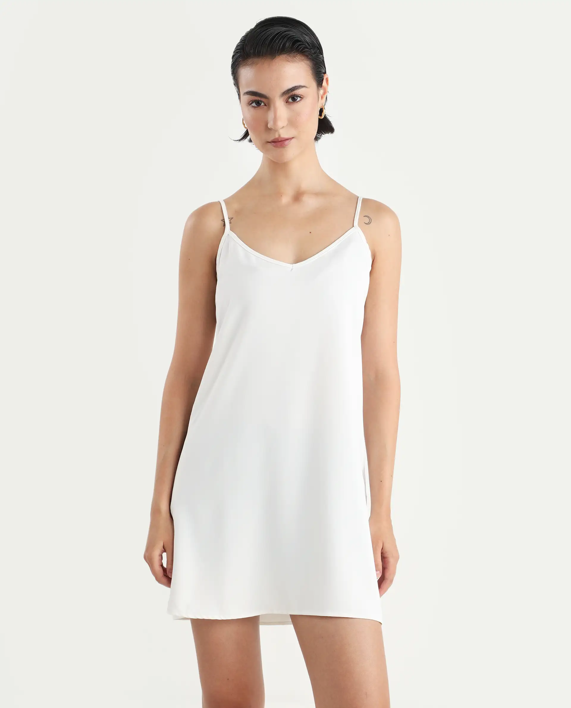Rareism Women's Slipos Offwhite Polyester V-Neck Plain Shoulder Strap Knee Length Regular Fit Inner Wear - Image 3