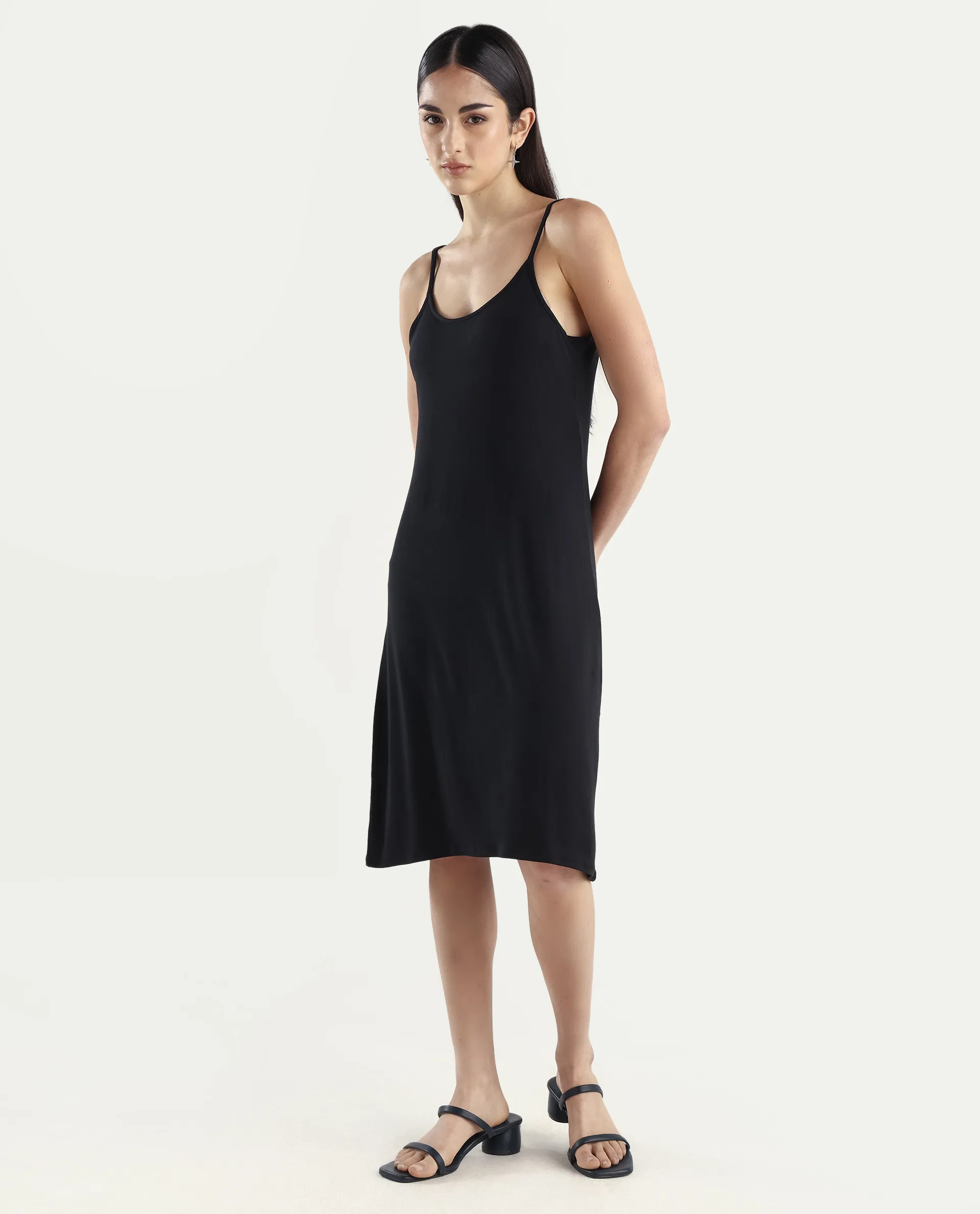 Rareism Women's Slippy Black Shoulder Strap Plain Shoulder Strap Mini Straight Fit Inner Wear