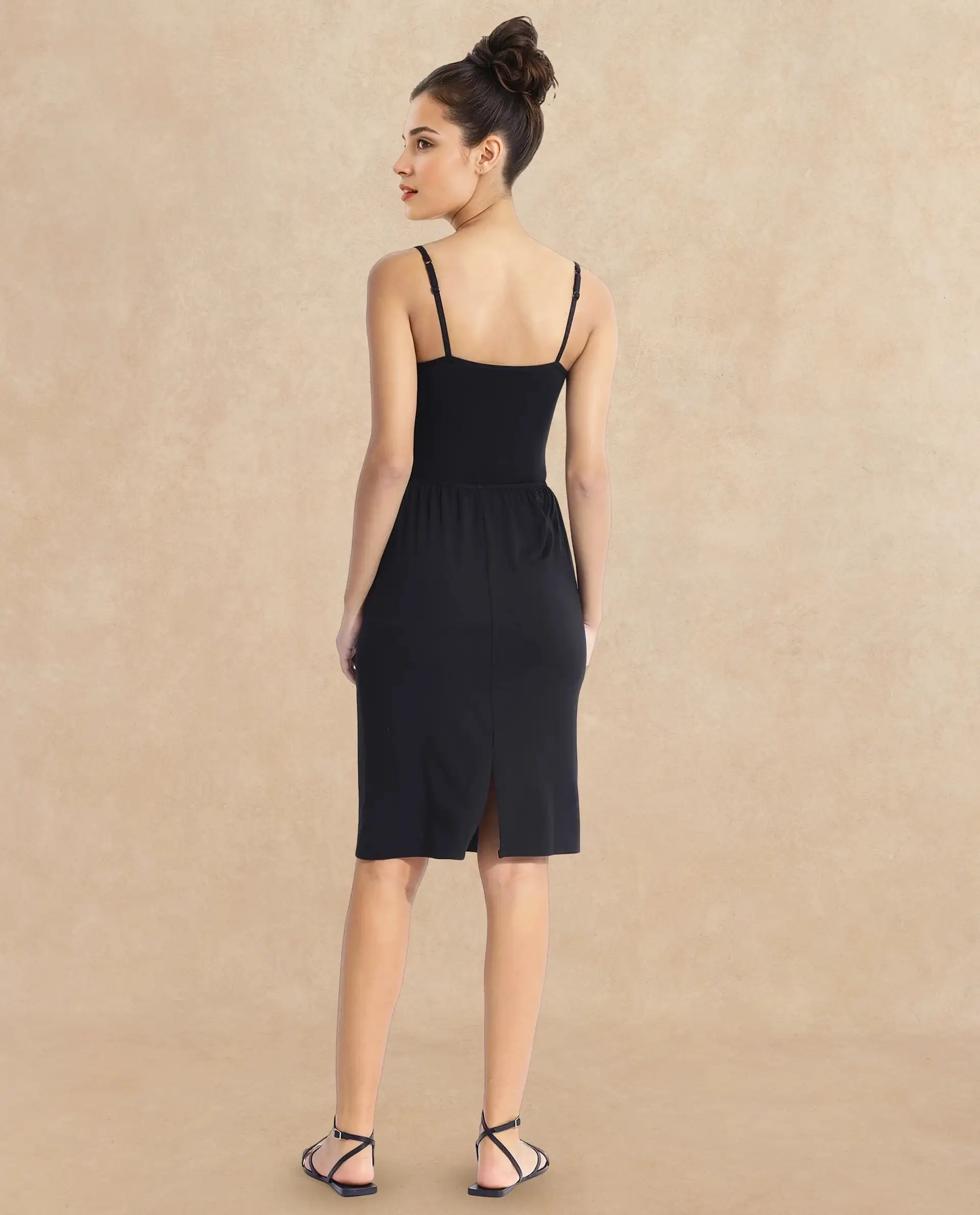 Rareism Women's Slippyaa Black Shoulder Strap Plain Shoulder Strap Knee Length Straight Fit Inner Wear - Image 9