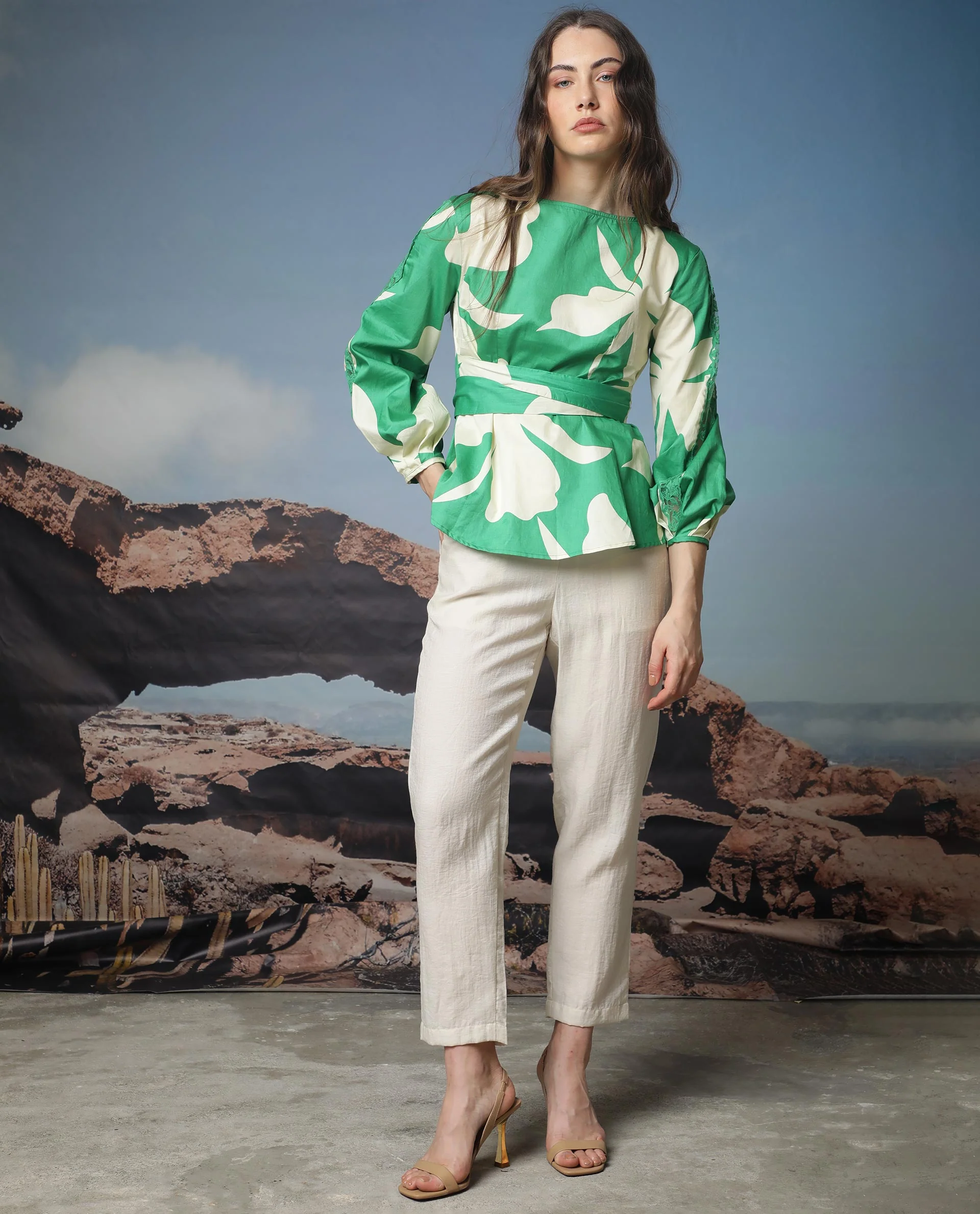 Rareism Women's Sloane Green Boat Neck Floral Print Knee Length Regular Fit Top - Image 14