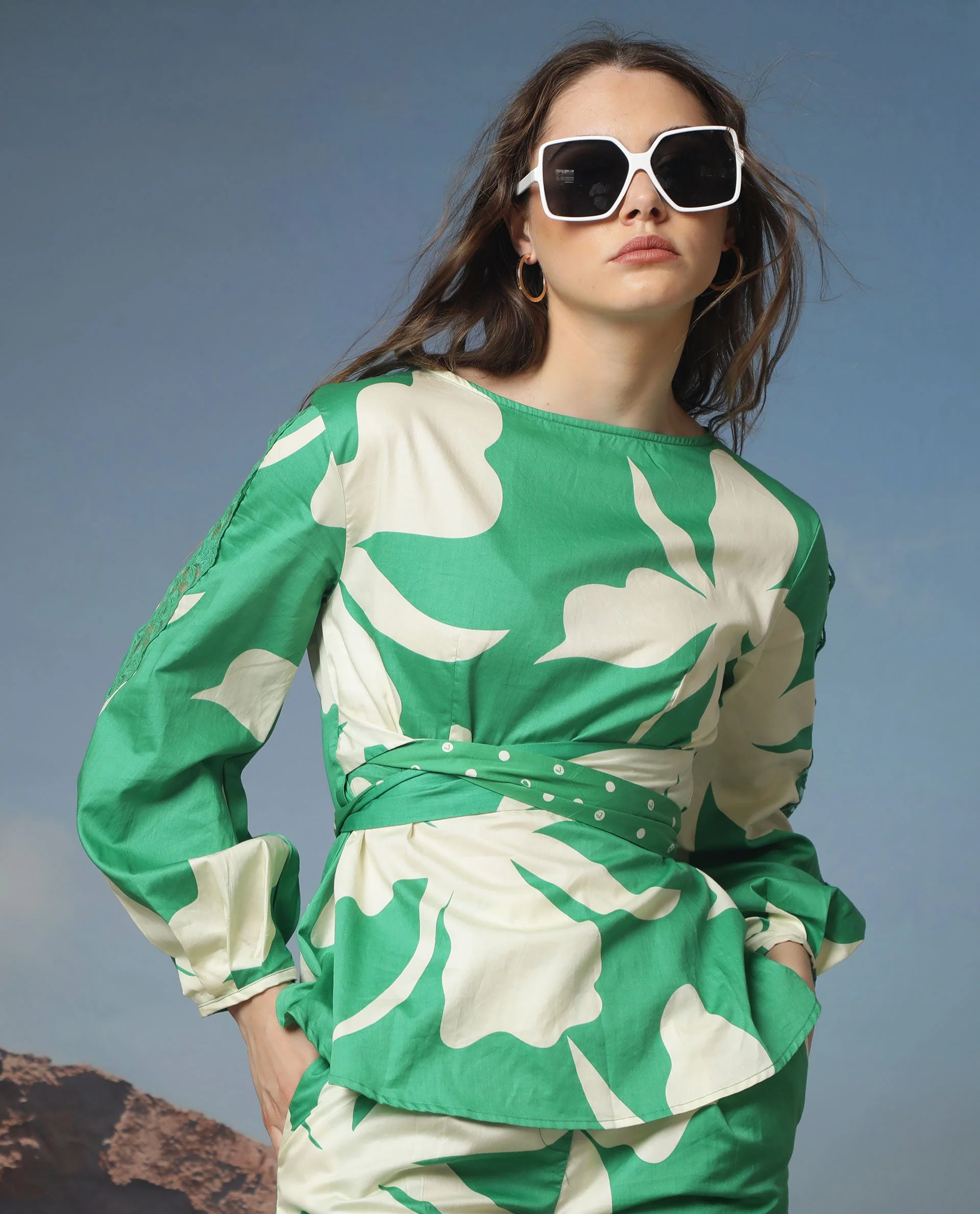 Rareism Women's Sloane Green Boat Neck Floral Print Knee Length Regular Fit Top - Image 7
