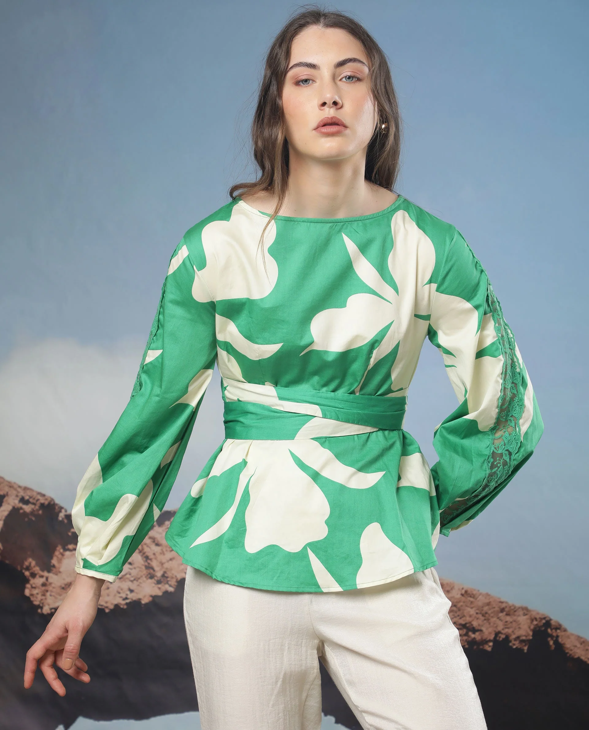 Rareism Women's Sloane Green Boat Neck Floral Print Knee Length Regular Fit Top - Image 9